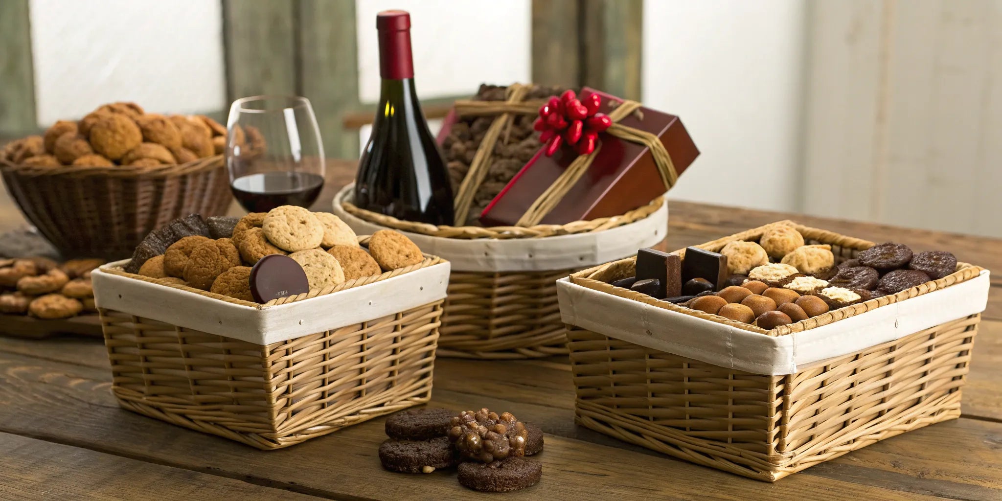 Unique gift baskets for couples filled with wine, chocolates, and other gourmet treats.