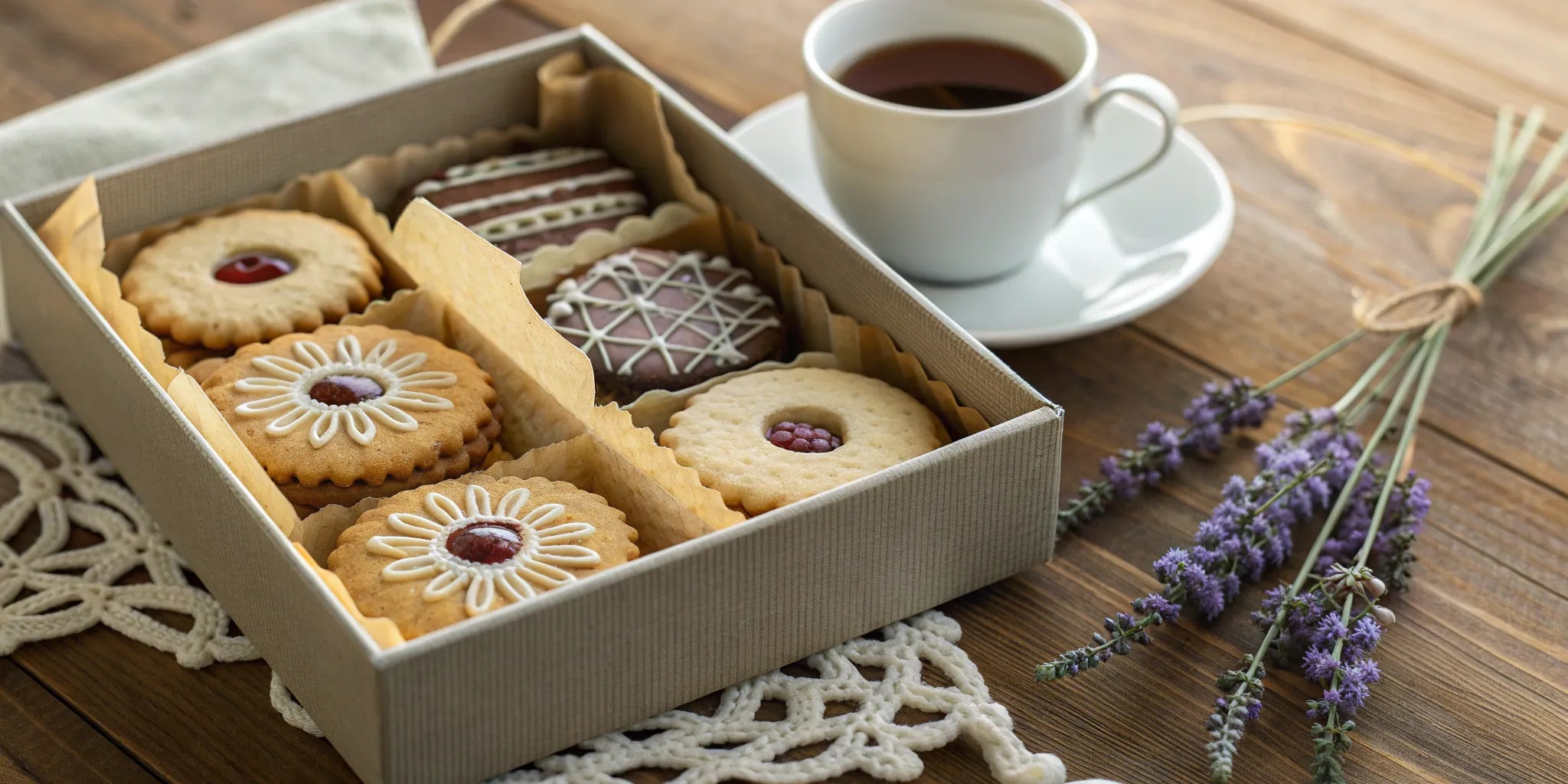 Gift box of assorted decorated cookies.