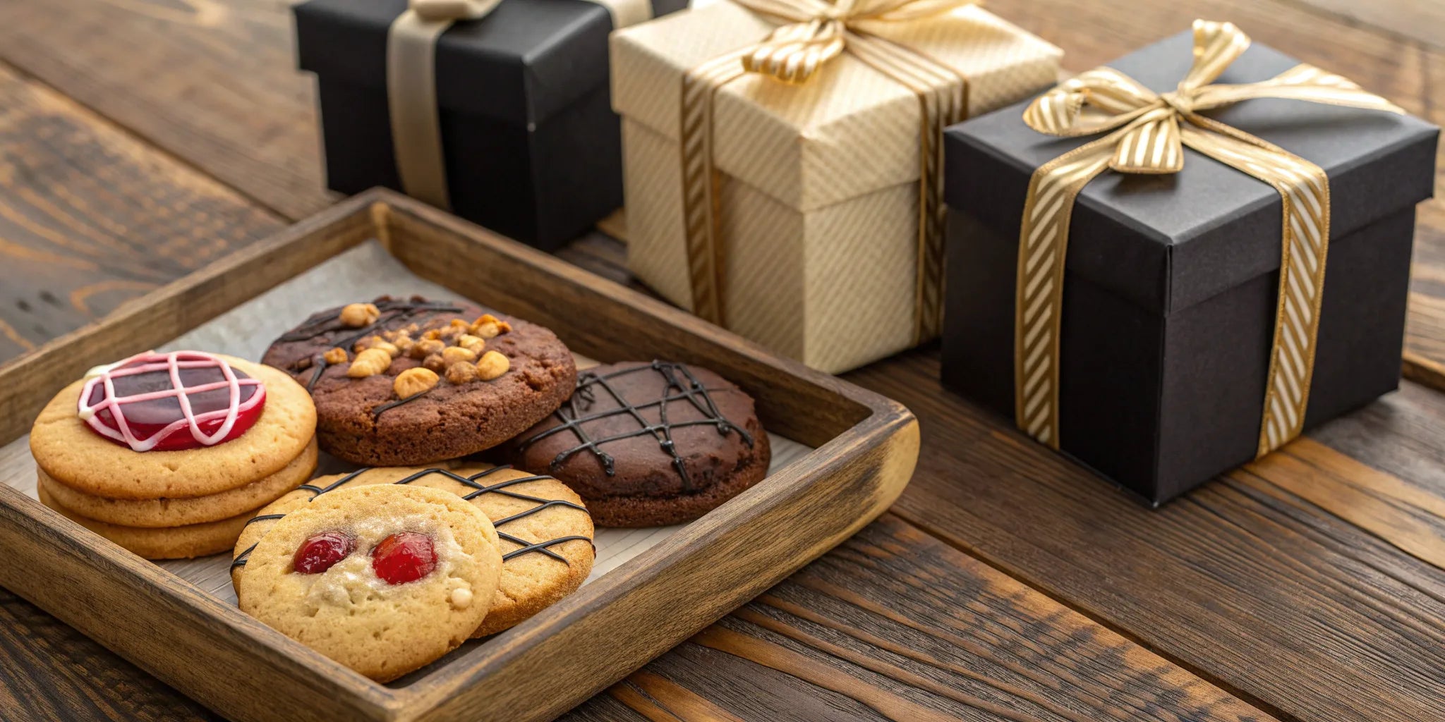 Gourmet cookie basket with gift boxes.