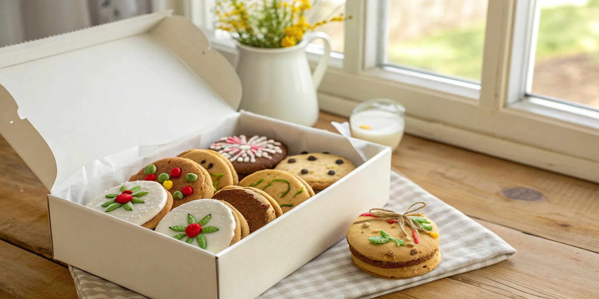 Personalized cookie box filled with assorted decorated cookies.