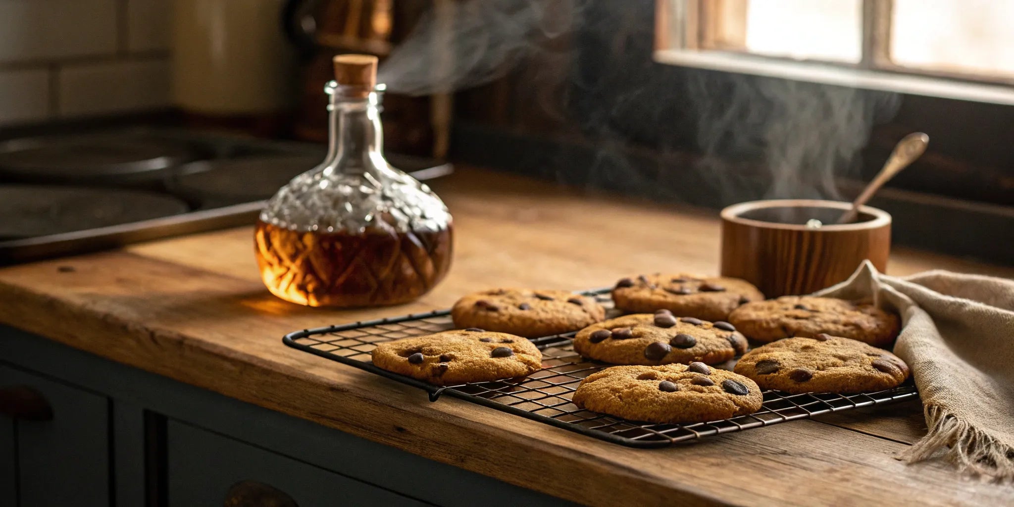 Warm, chewy bourbon chocolate chip cookies on a cooling rack.