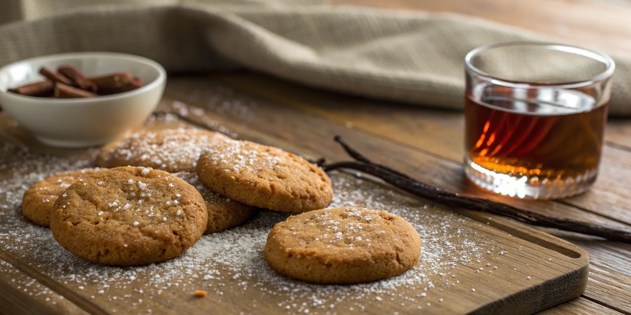 Warm rum cookies dusted with powdered sugar on a wooden board.
