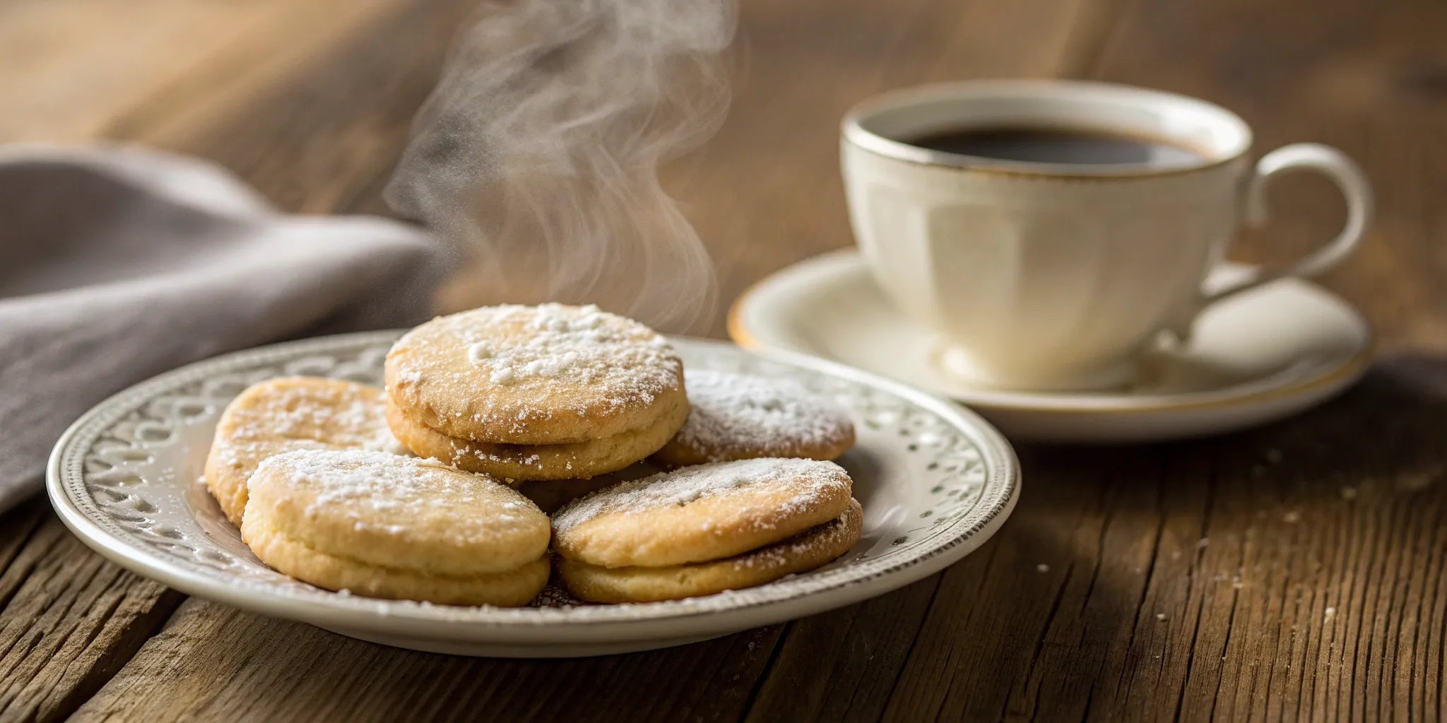 A plate of coffee butter cookies dusted with powdered sugar, next to a cup of coffee.