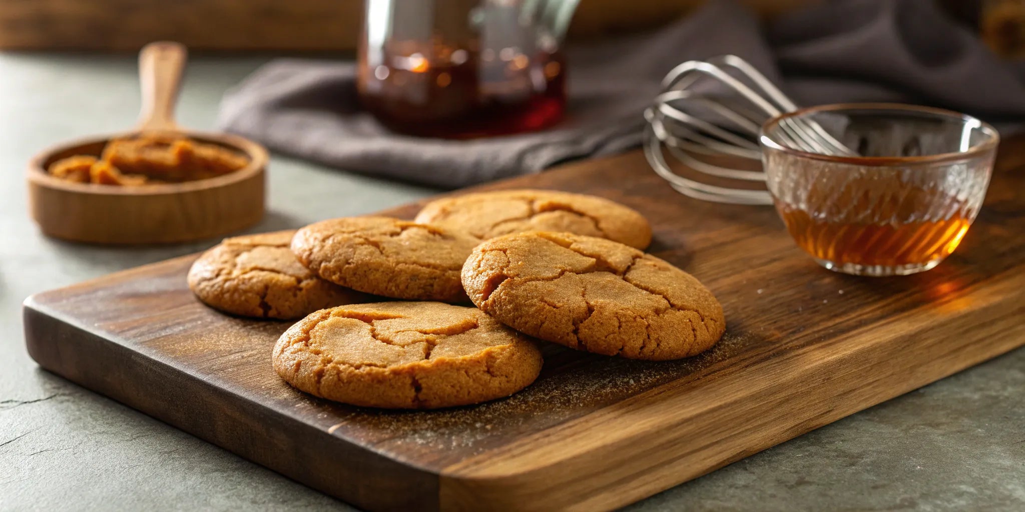 Golden-brown bourbon cookies on a wooden board.