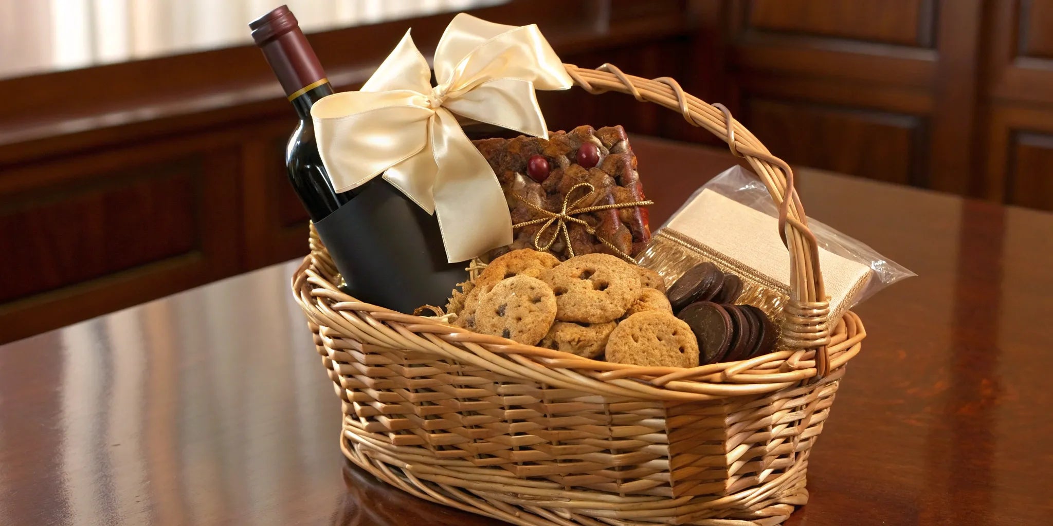 A unique luxury gift basket with wine, gourmet treats, and cookies, presented with an elegant ribbon.