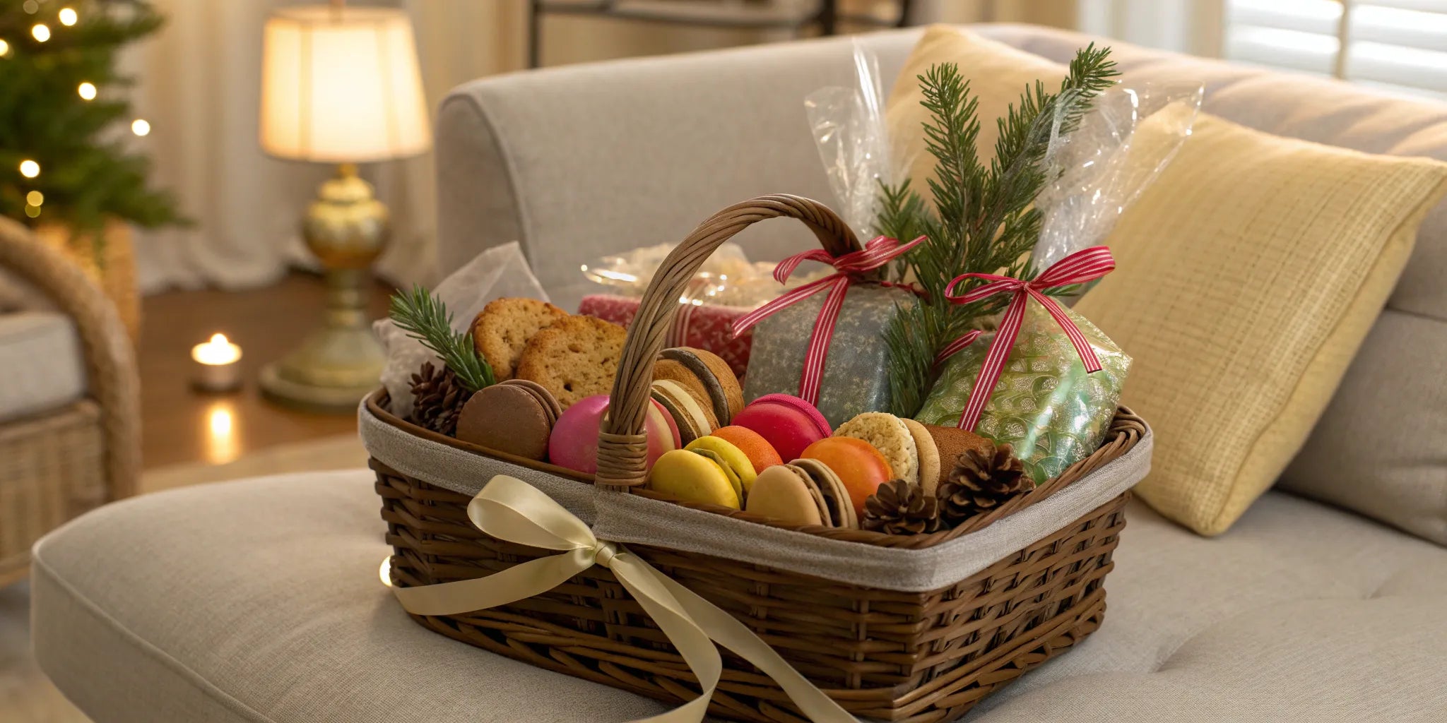 Gourmet gift basket with cookies, macarons, and pine sprigs.