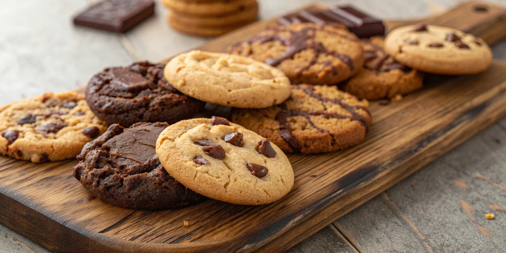 A variety of cookies, including chocolate chip and double chocolate, on a wooden board.