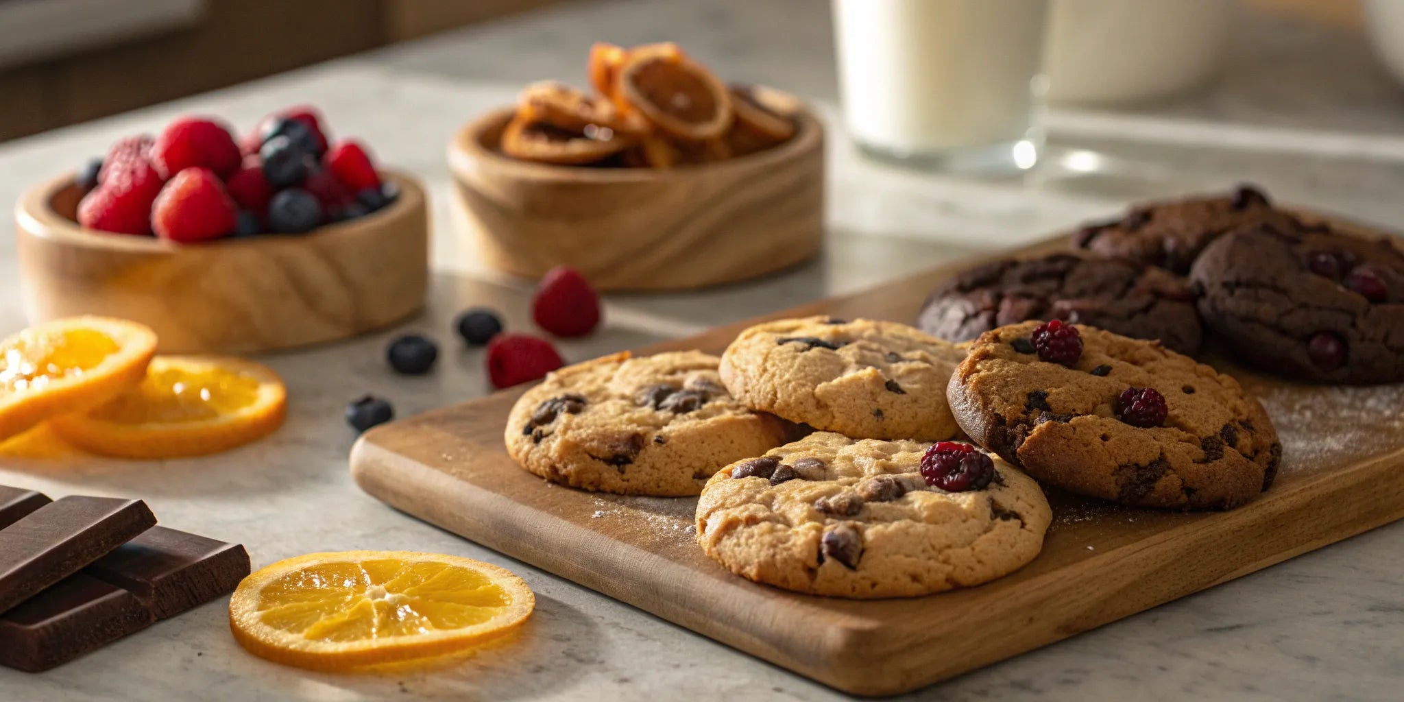 A variety of cookies with bold and unique tastes, including chocolate, berry, and citrus.