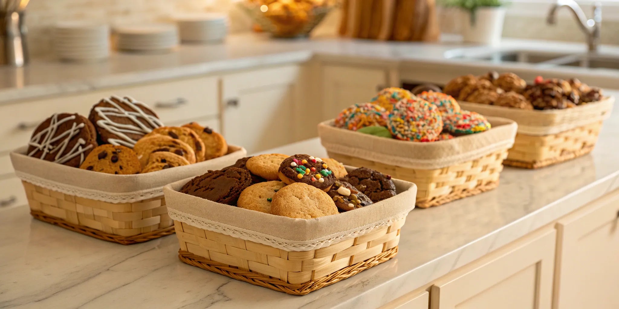 A creative cookie basket idea with a beautiful assortment of cookies.