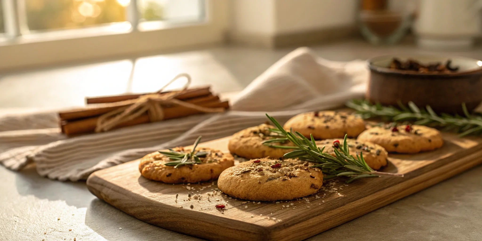 Cookies with herbs and spices, garnished with fresh rosemary on a wooden platter.
