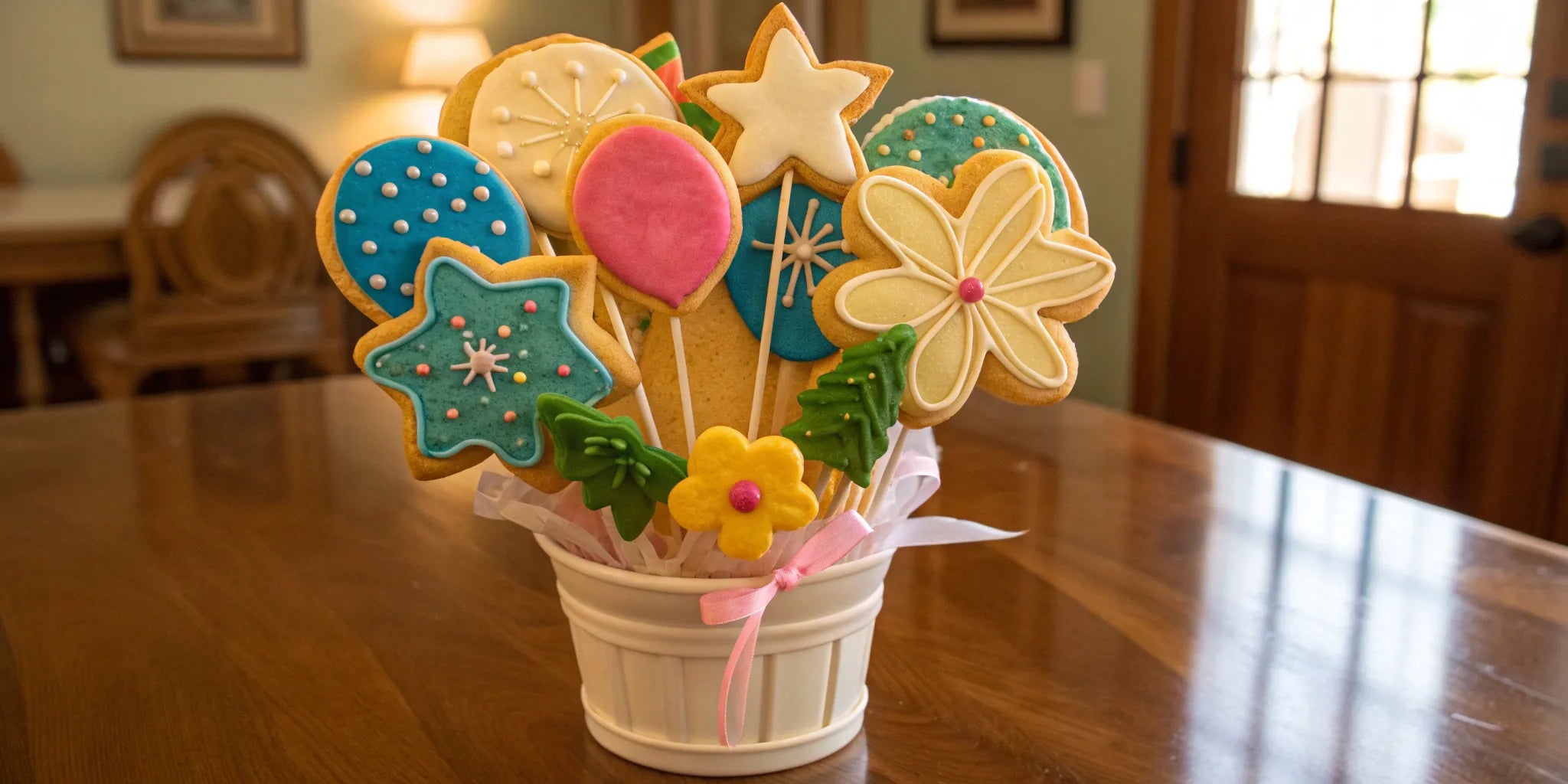 A colorful congratulations cookie bouquet with frosted cookies arranged in a white pot.