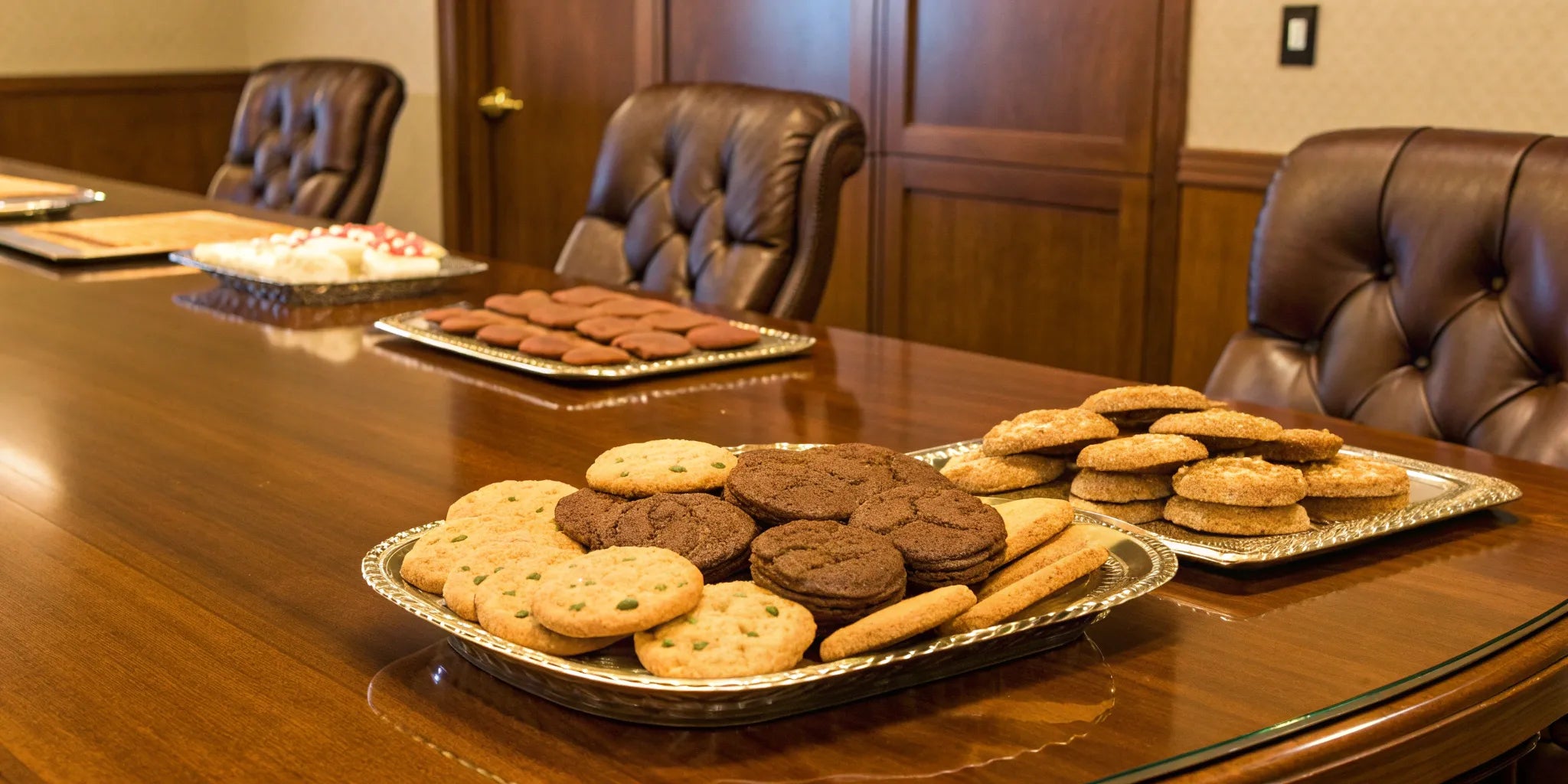 Assorted corporate cookie gifts delivered and arranged on a boardroom table.