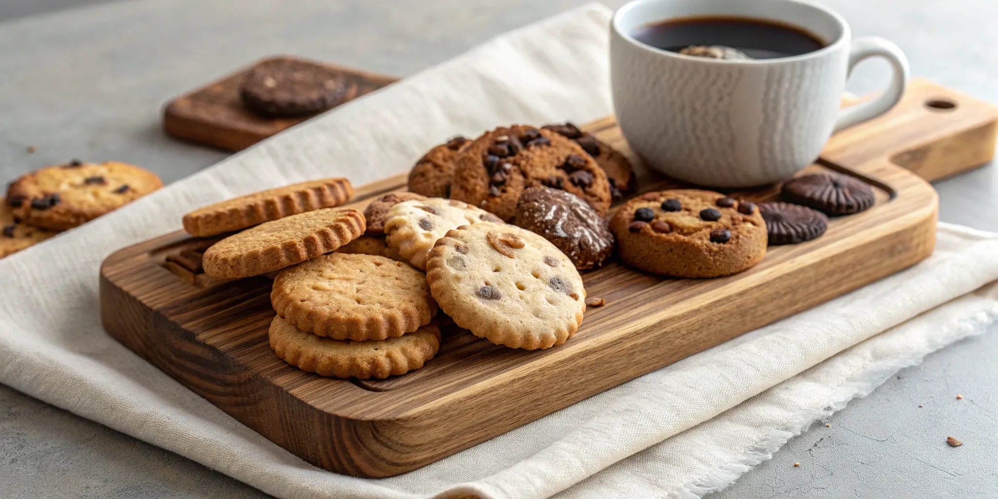 Assorted gourmet cookies for online delivery displayed on a wooden board.