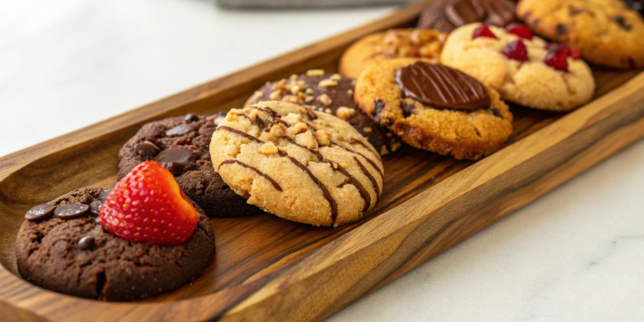 Assorted pick and mix cookies on a wooden tray for a custom cookie delivery box.
