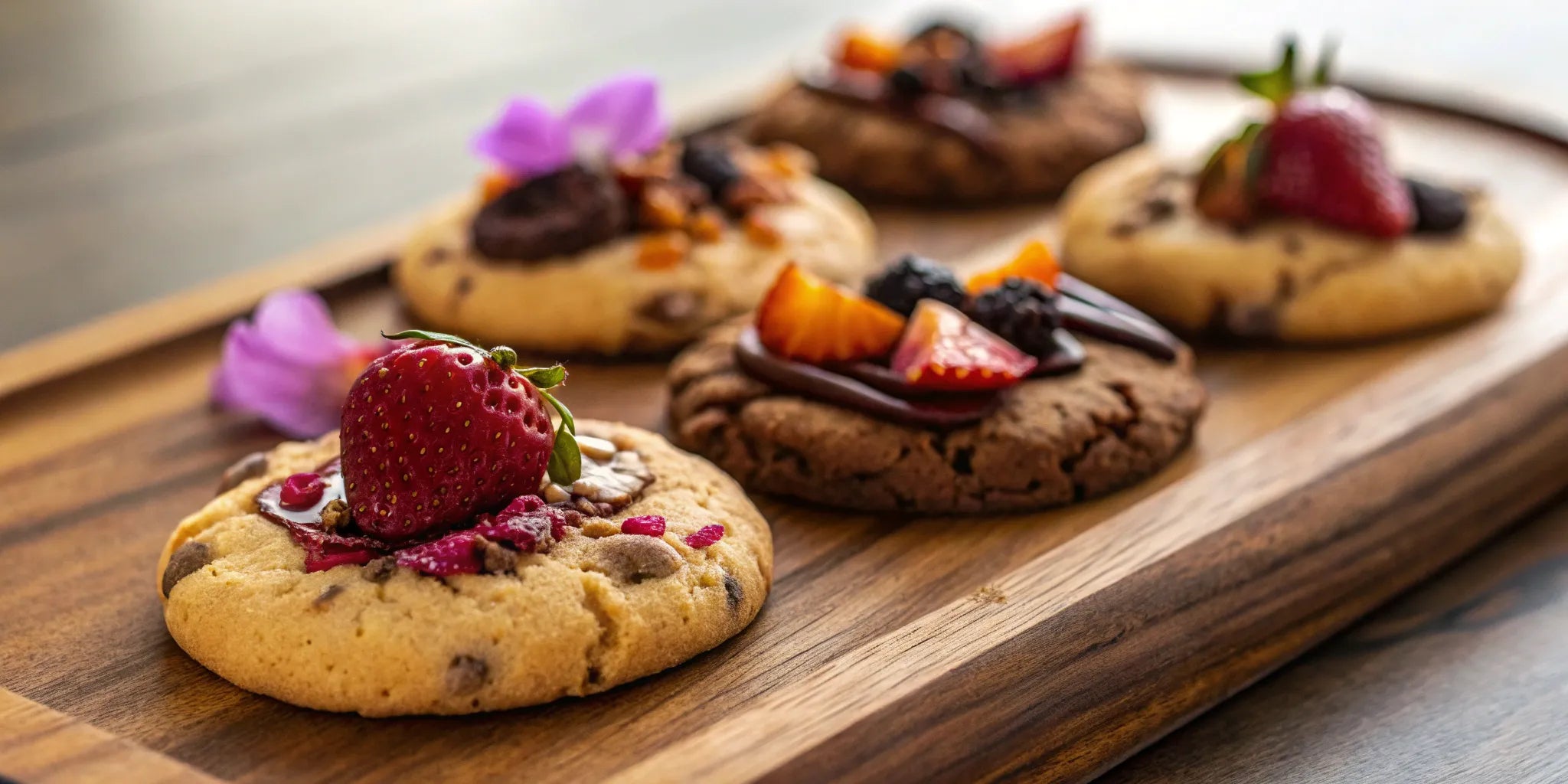 A variety of cocktail inspired cookies with strawberry and chocolate toppings.