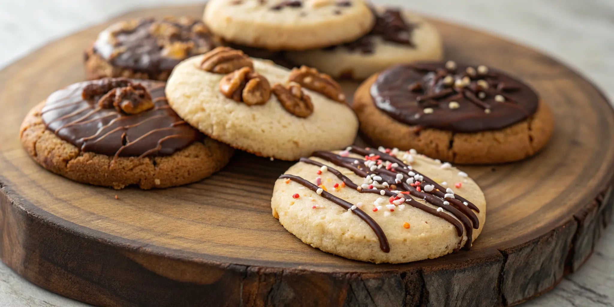 Assorted mail order gourmet cookies with chocolate, nuts, and sprinkles on a platter.