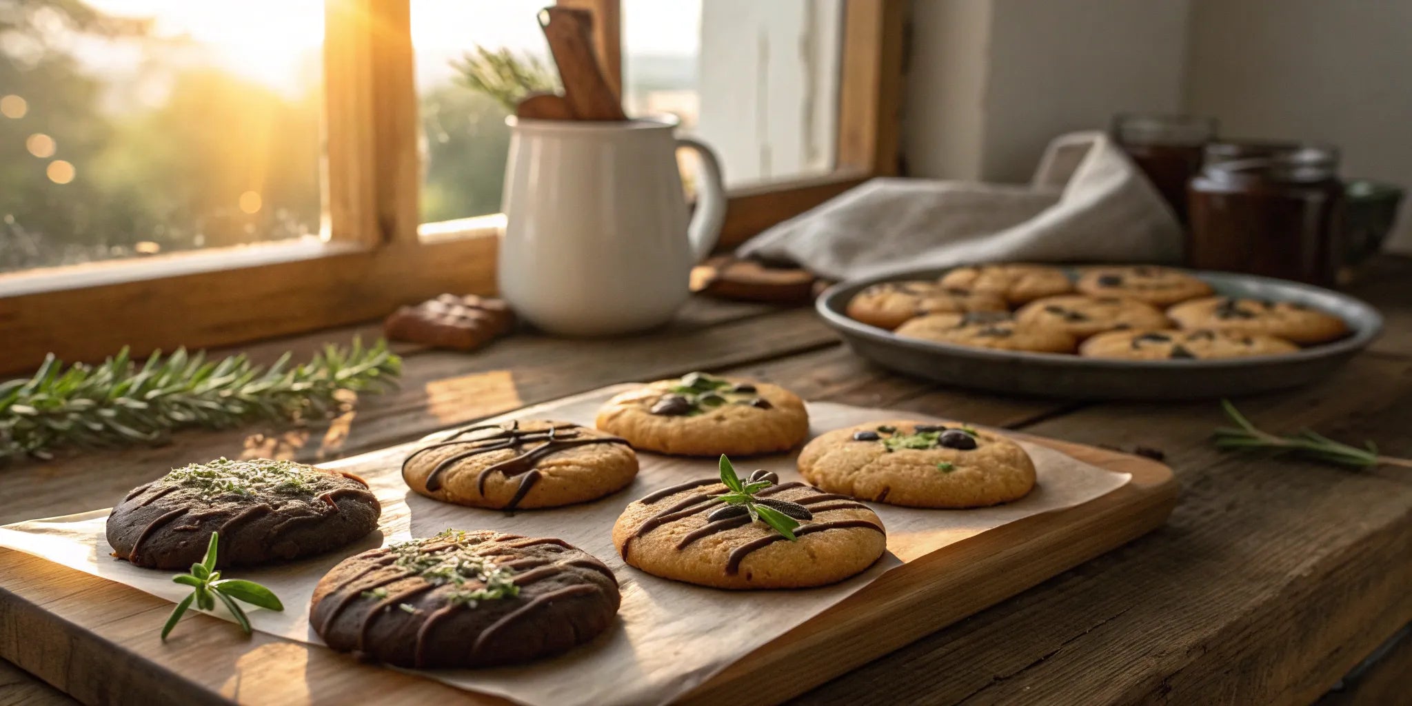 Sweet and savory cookies with herbs and chocolate drizzle on a wooden board.
