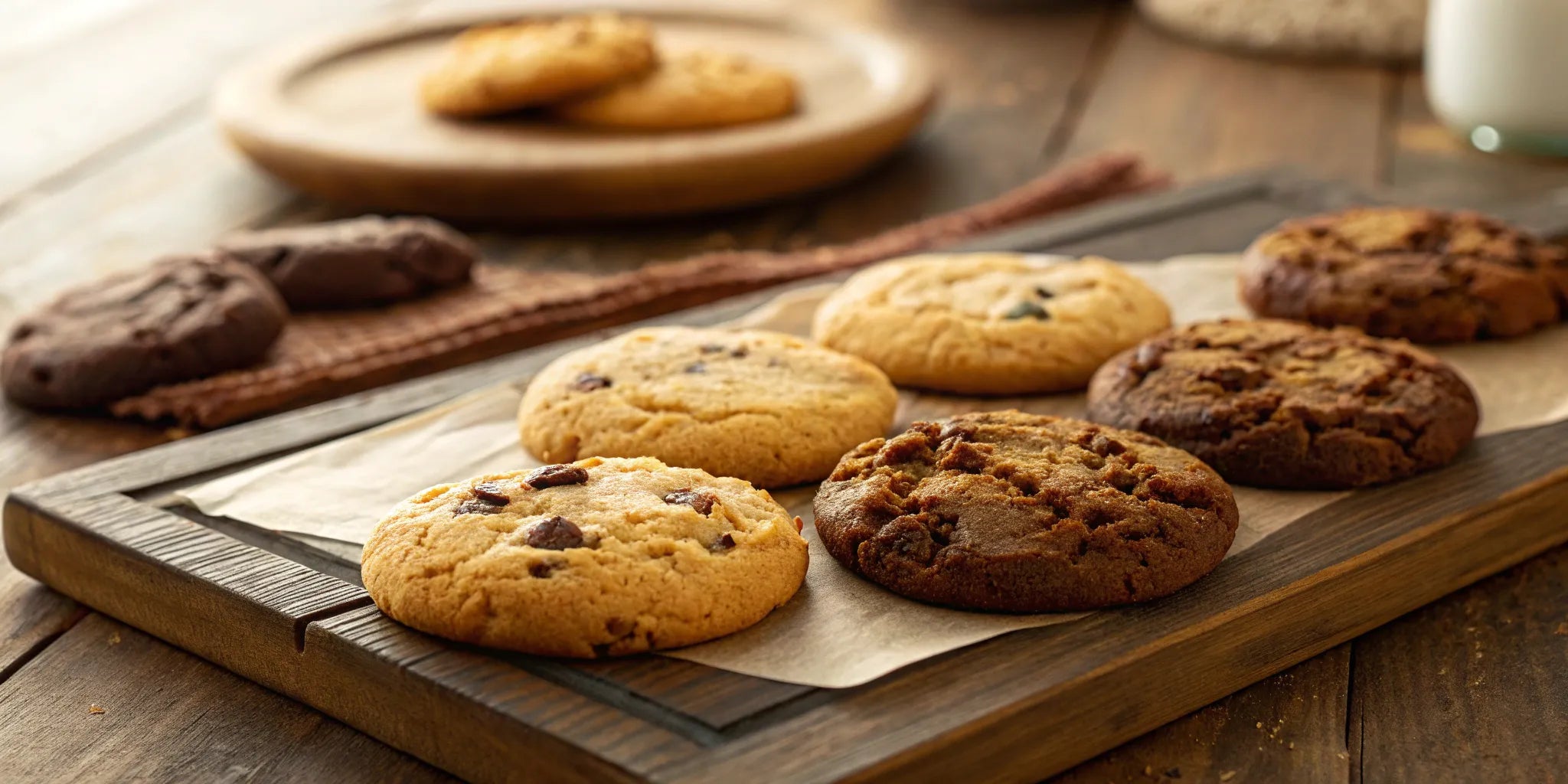 Assorted savory sweet cookies with cheese and herbs on a rustic wooden board.