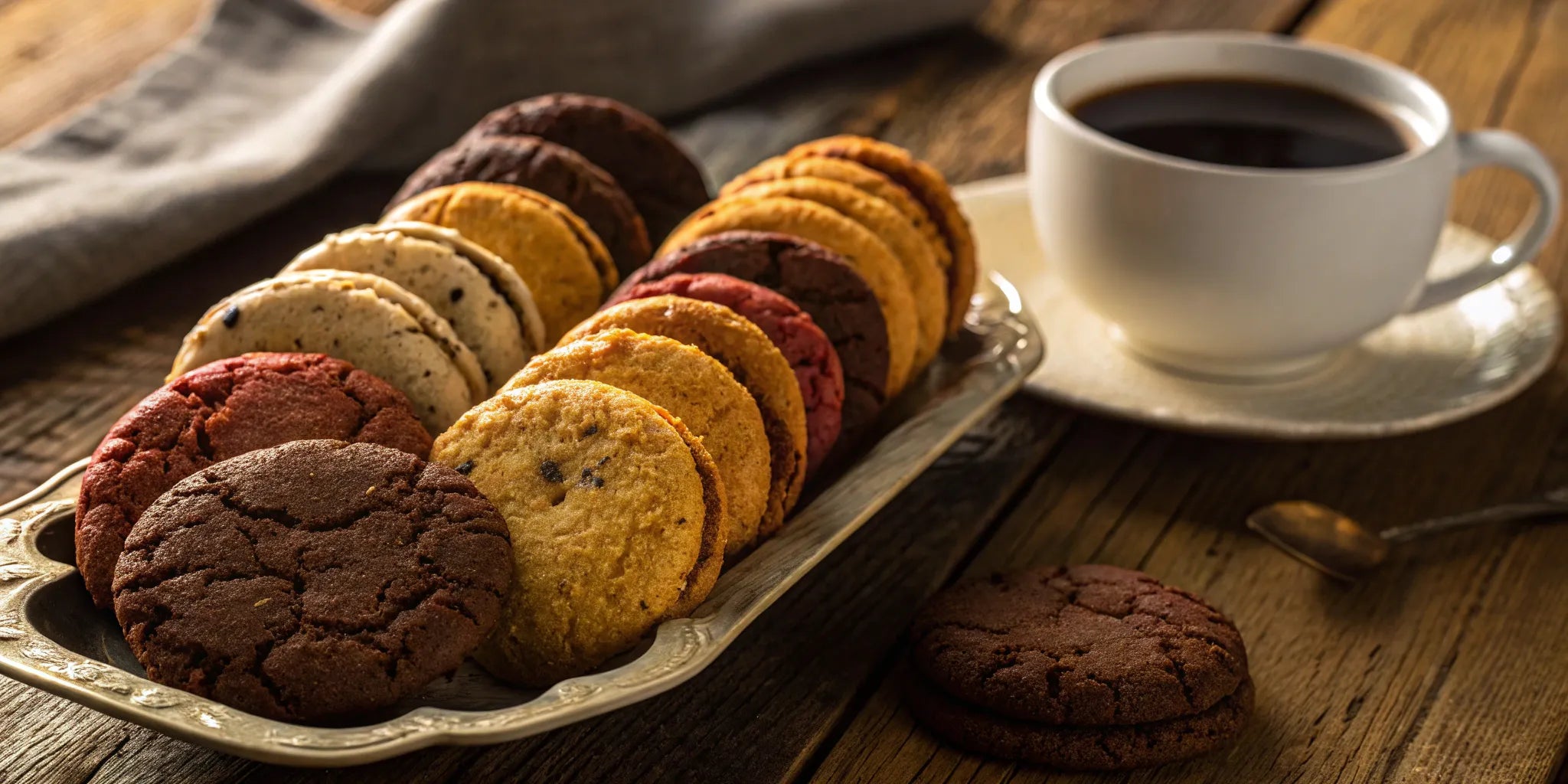 A variety of unique flavor cookies arranged on a tray next to a cup of coffee.