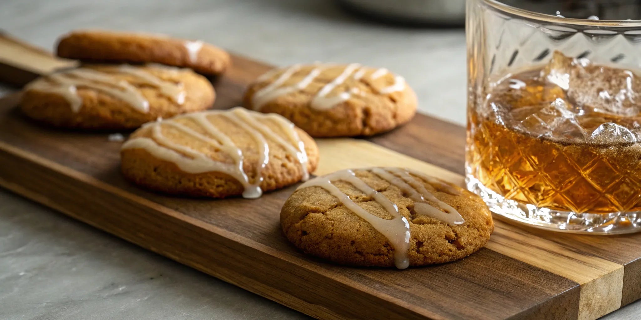 Glazed alcohol-infused cookies on a wooden board next to a glass of whiskey.