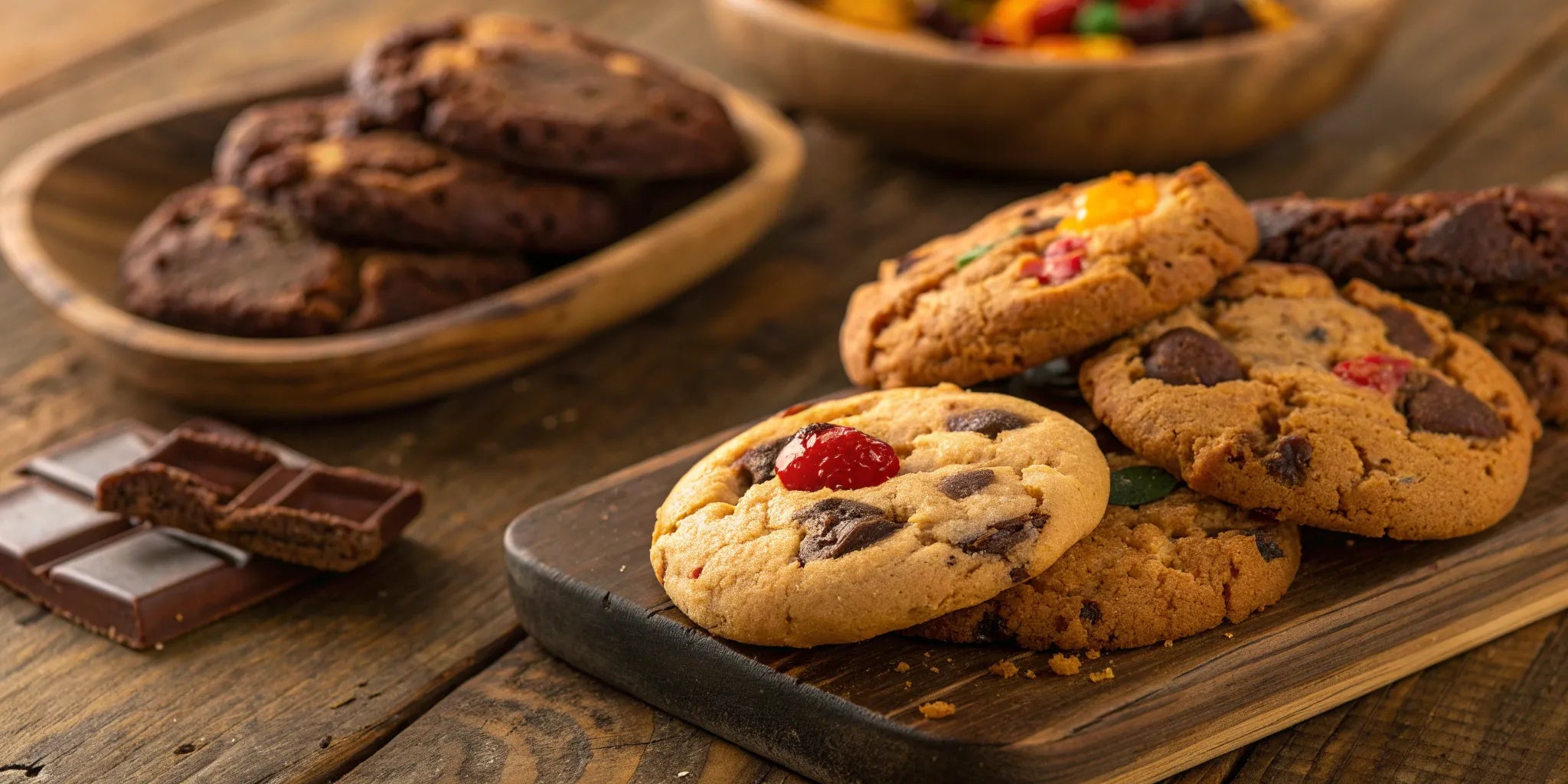 A variety of cookies on a wooden board to build your own cookie box.