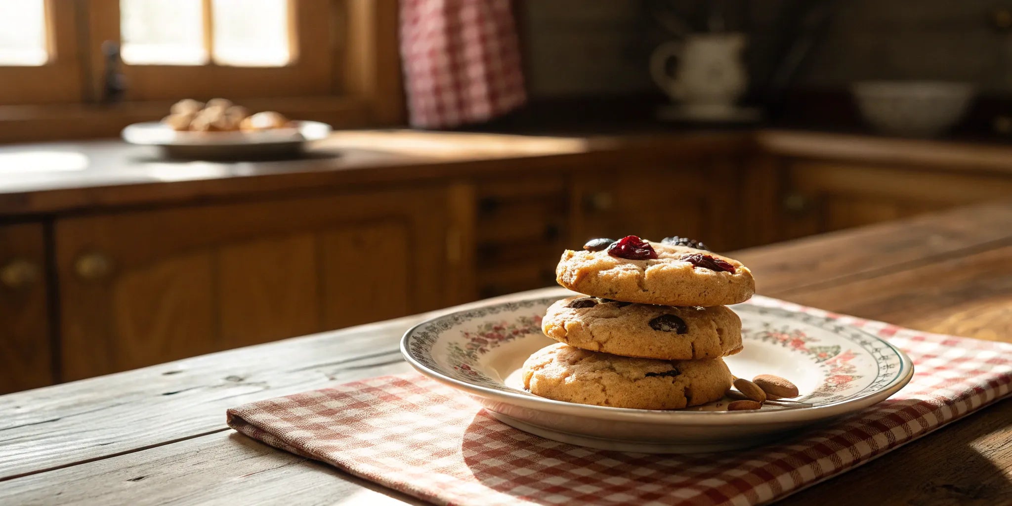 Chewy old fashioned dried cherry almond cookies stacked on a plate.