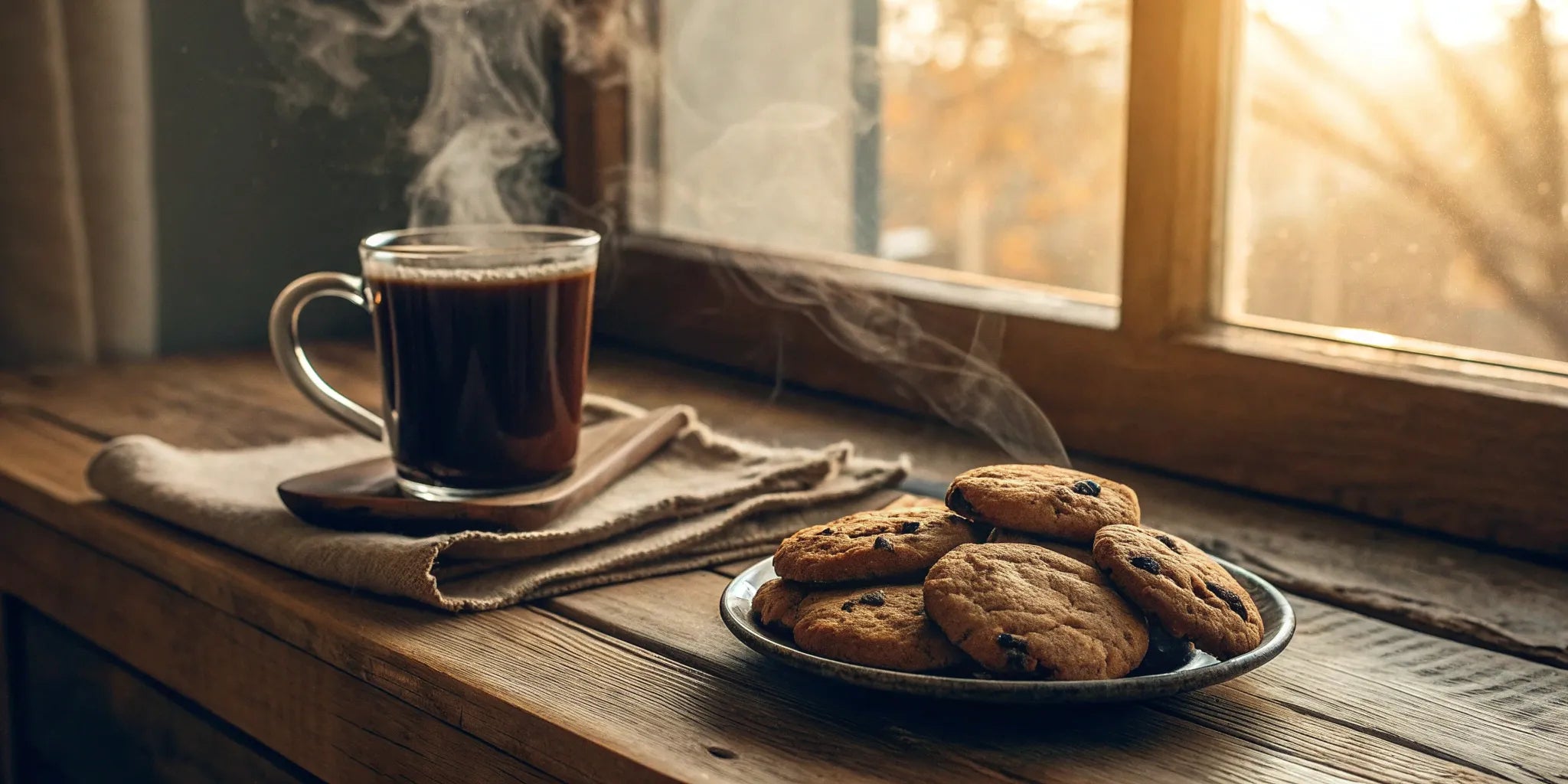 Coffee cookies made with brewed coffee on a plate next to a mug.