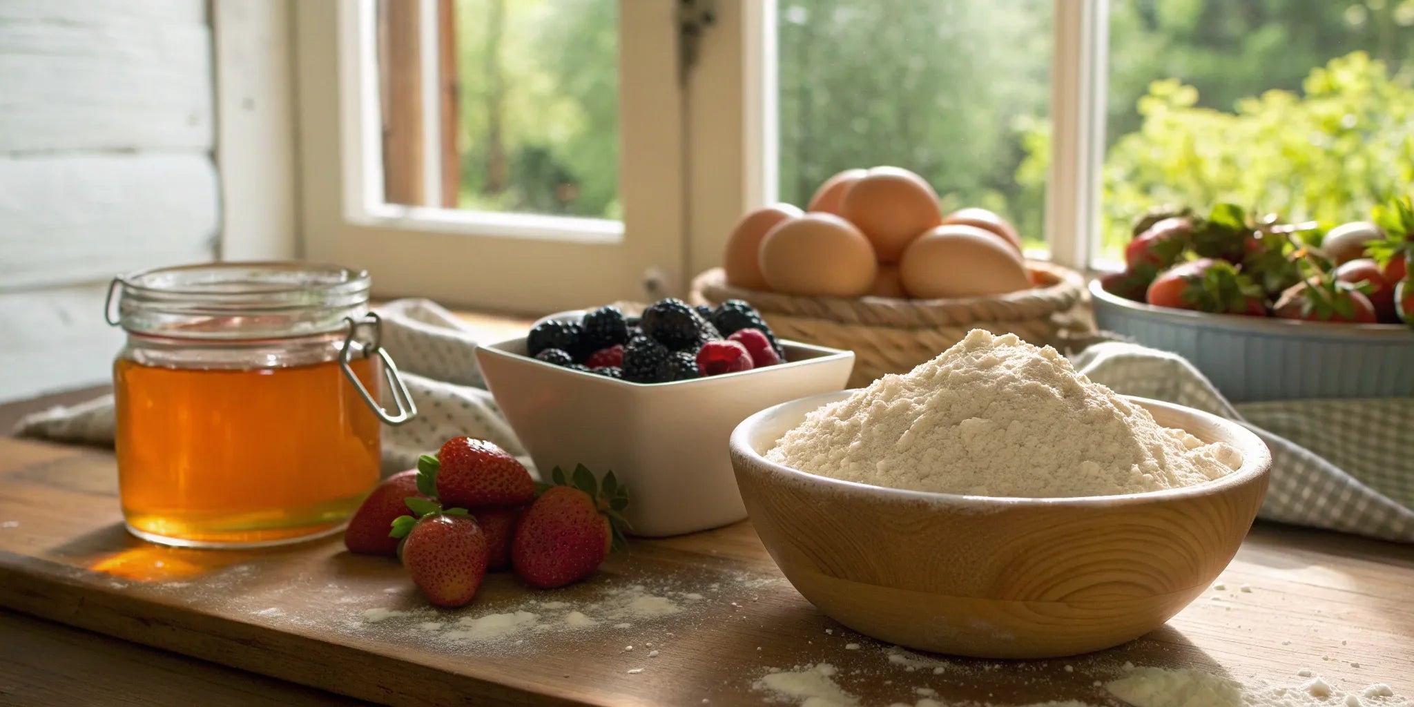 Baking cookies with all-natural ingredients like flour, berries, eggs, and honey.