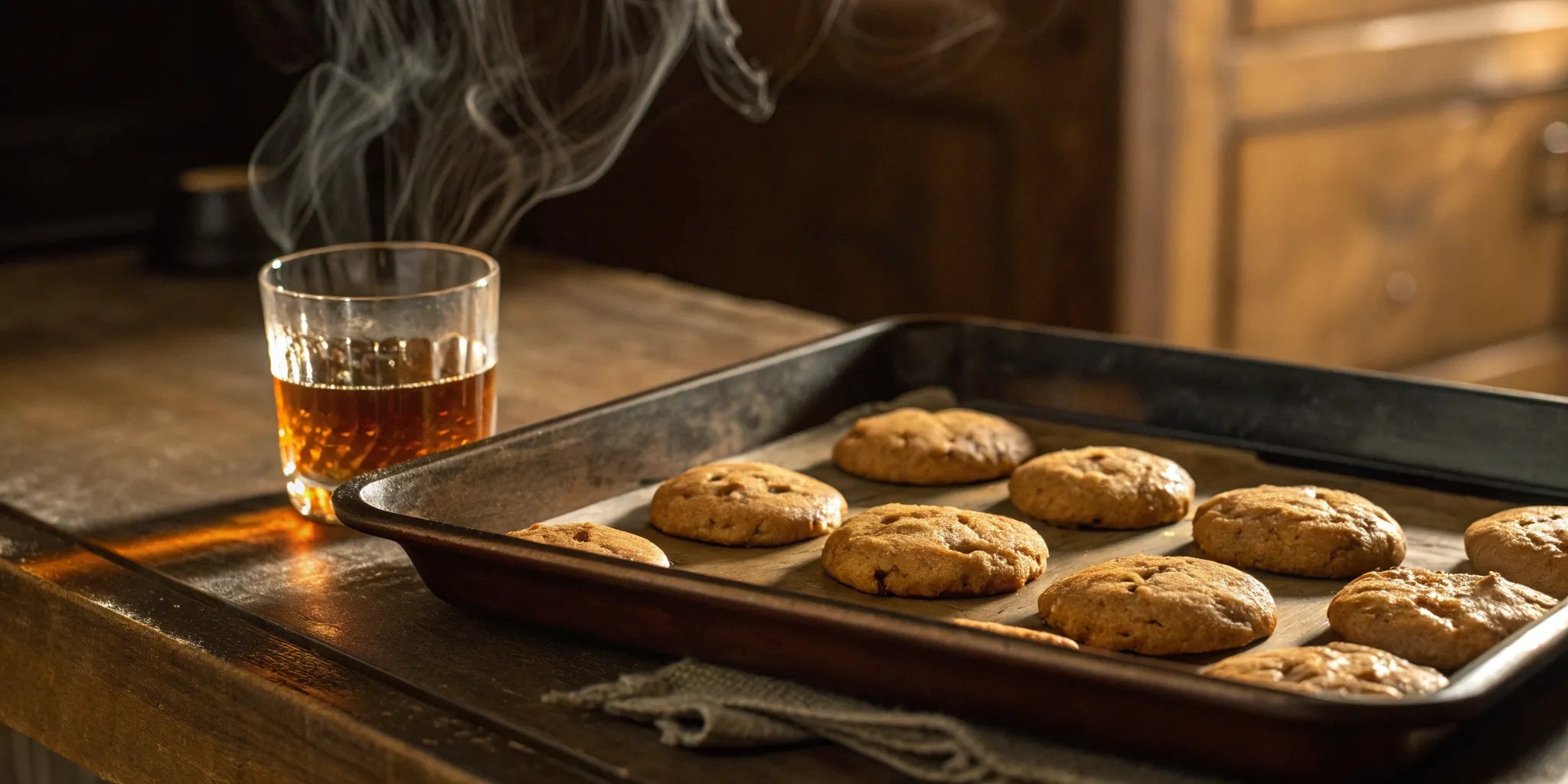 A batch of homemade bourbon whiskey cookies served with a glass of bourbon.