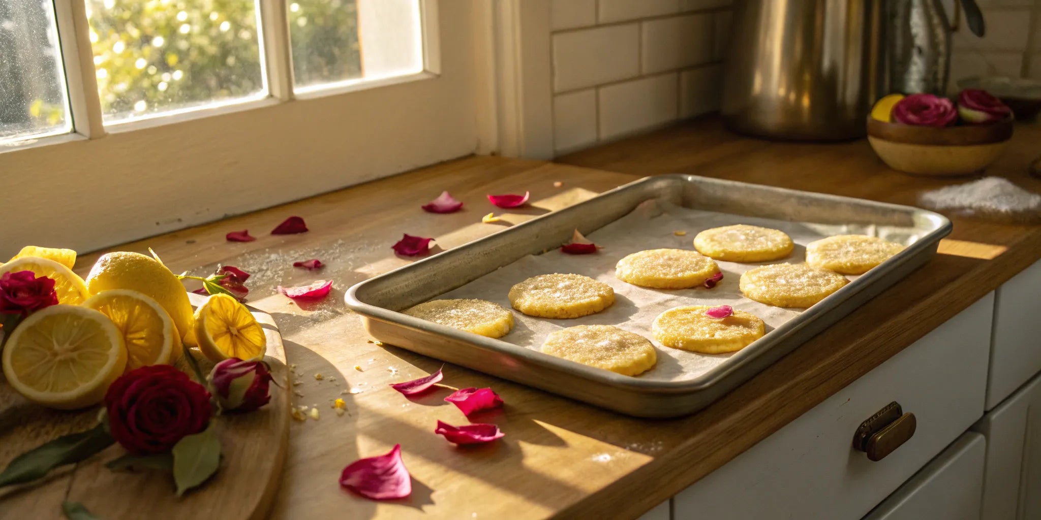 Lemon rose shortbread cookies on a baking tray with fresh lemon slices and rose petals.
