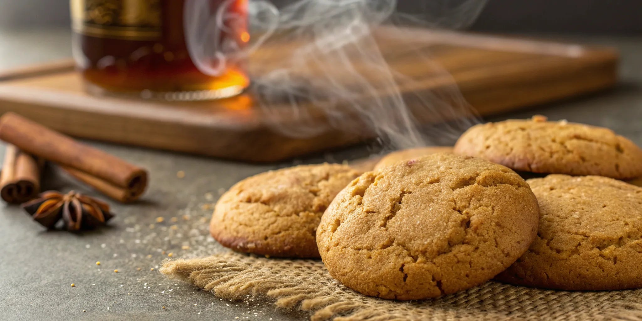 Freshly baked Jamaican rum cookies with steam rising, next to cinnamon sticks and star anise.