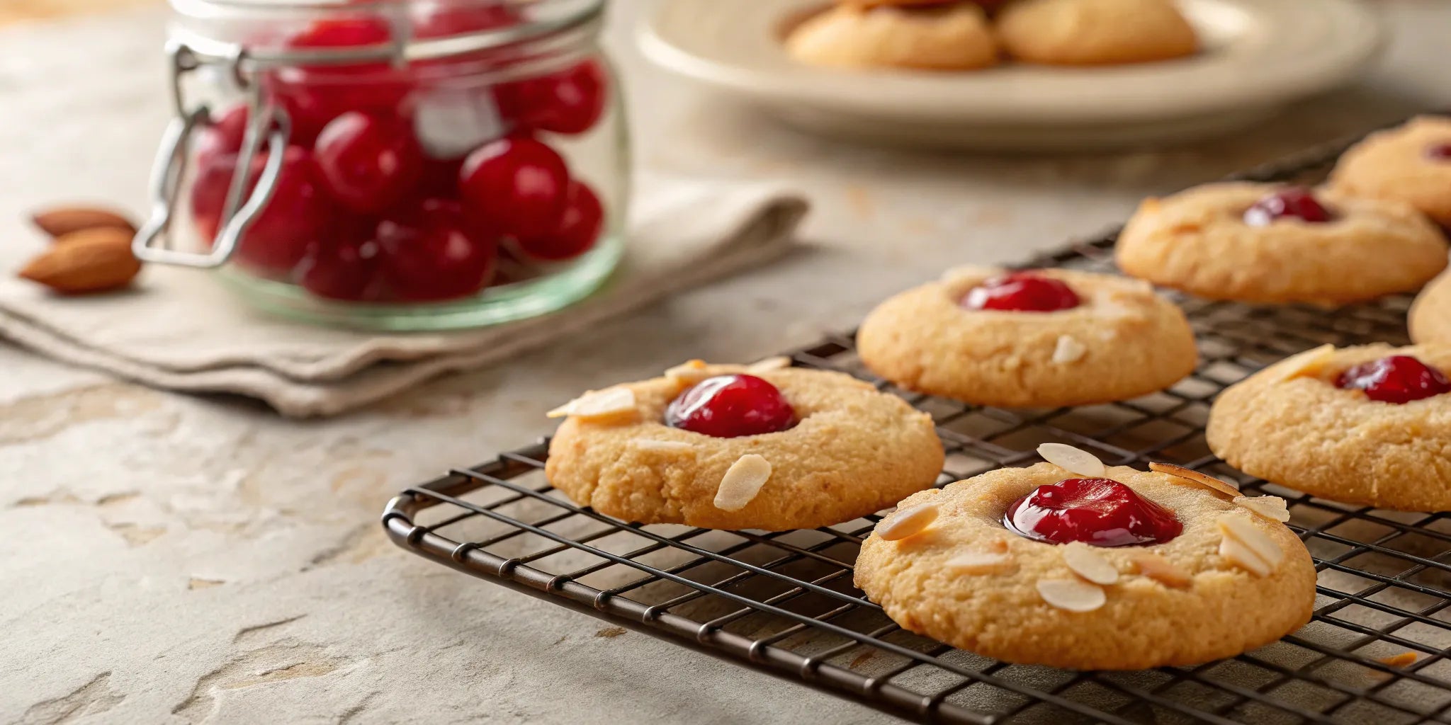 Soft cherry almond blossom cookies with a chocolate kiss and sliced almonds.