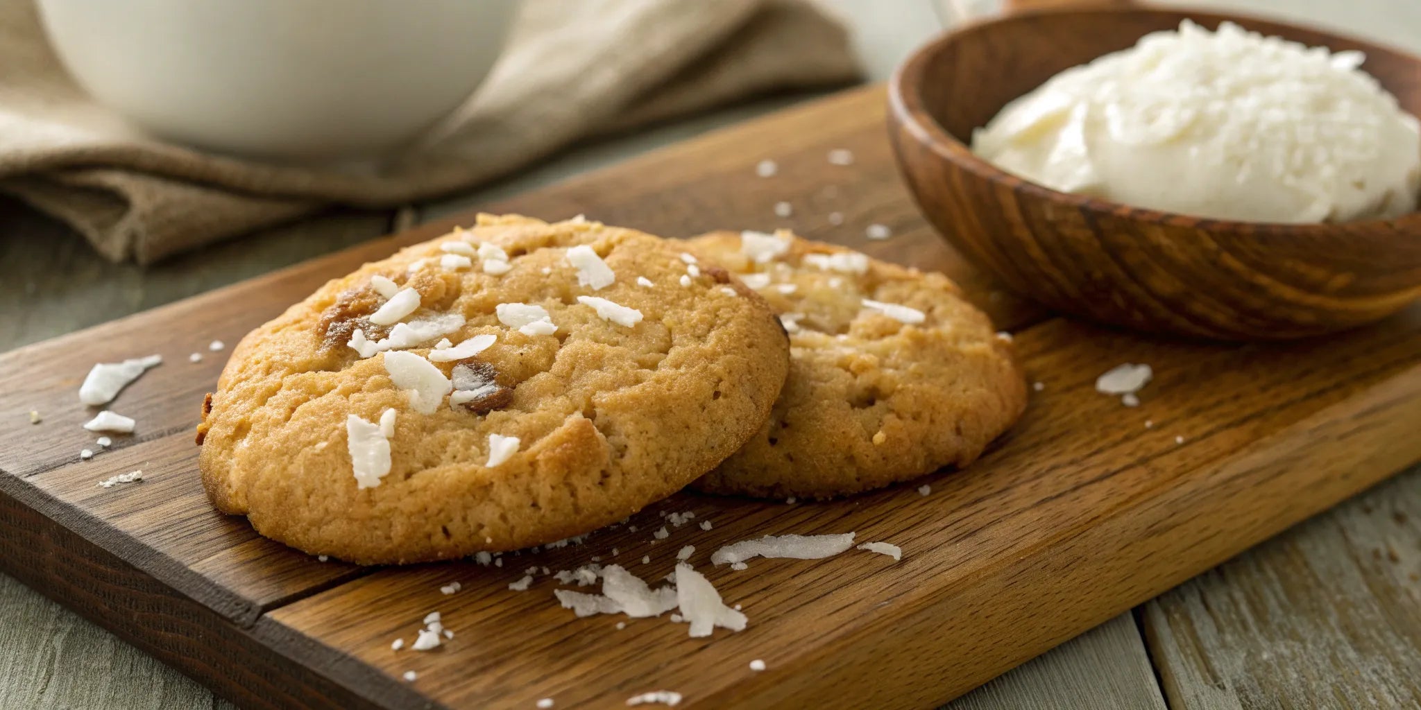 Malibu rum cookies with coconut flakes on a wooden board.