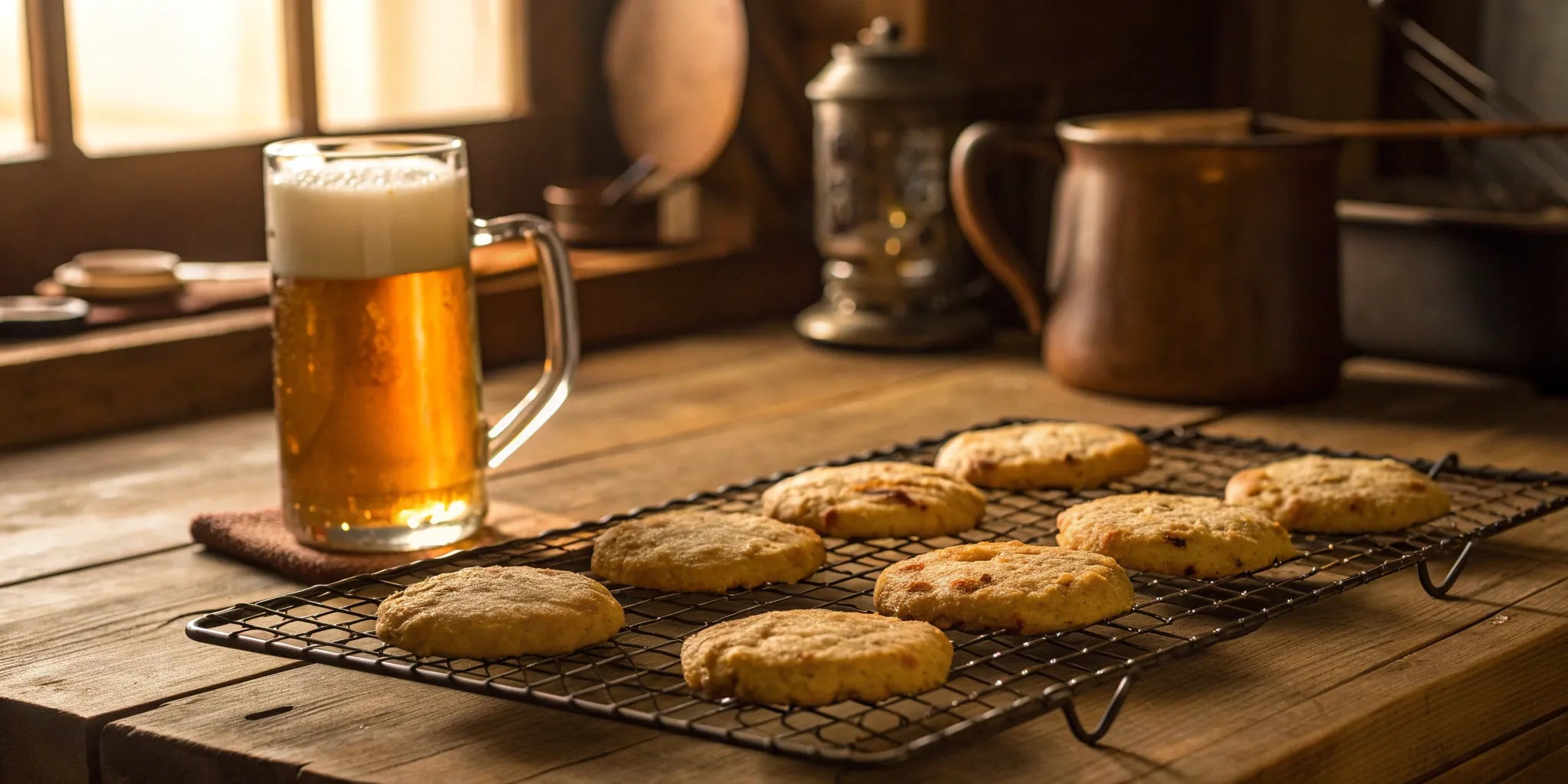 Beer shortbread cookies cooling on a wire rack next to a glass of beer.