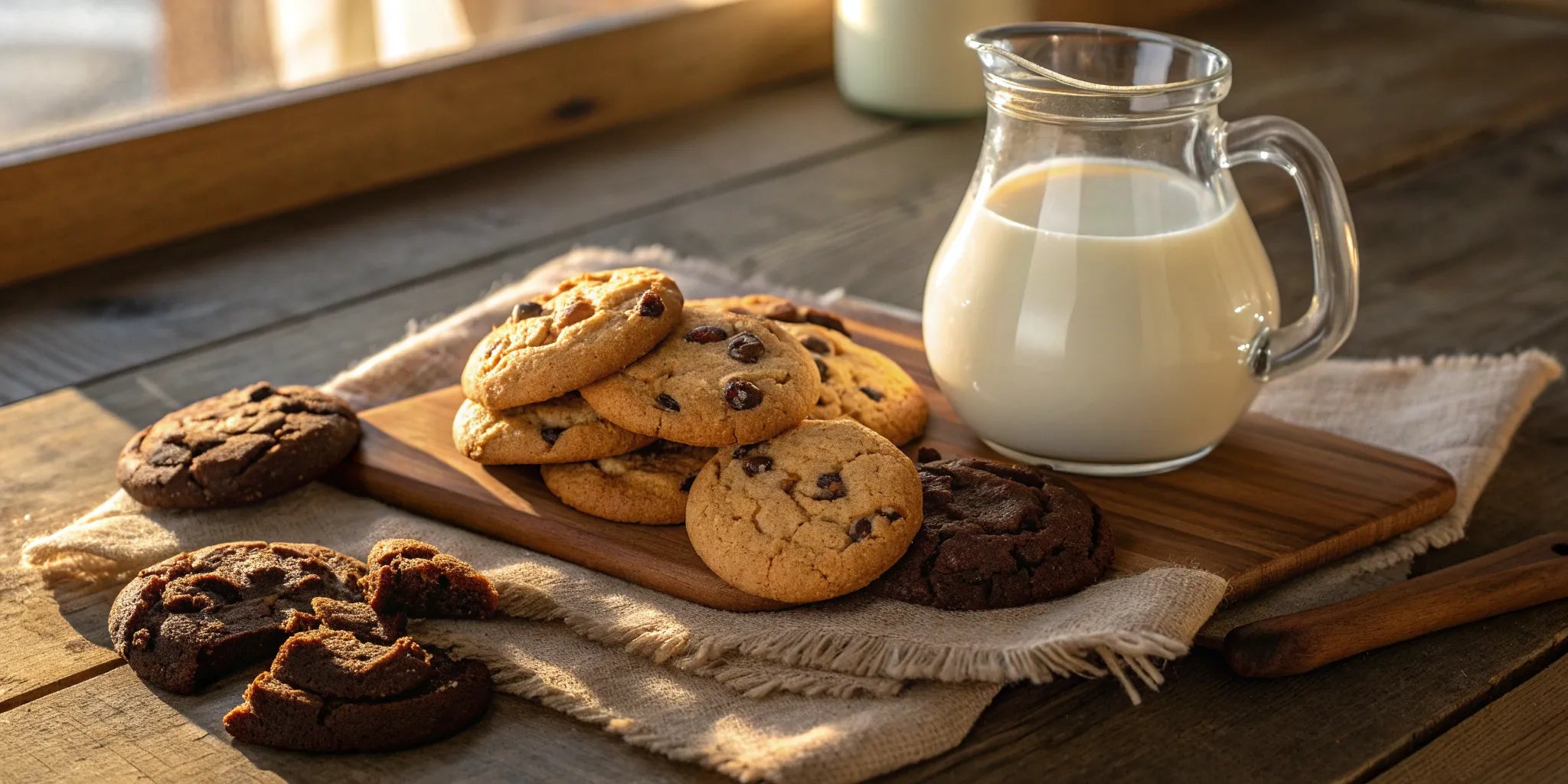 The classic milk and cookies pairing with chocolate chip cookies and a pitcher of fresh milk.