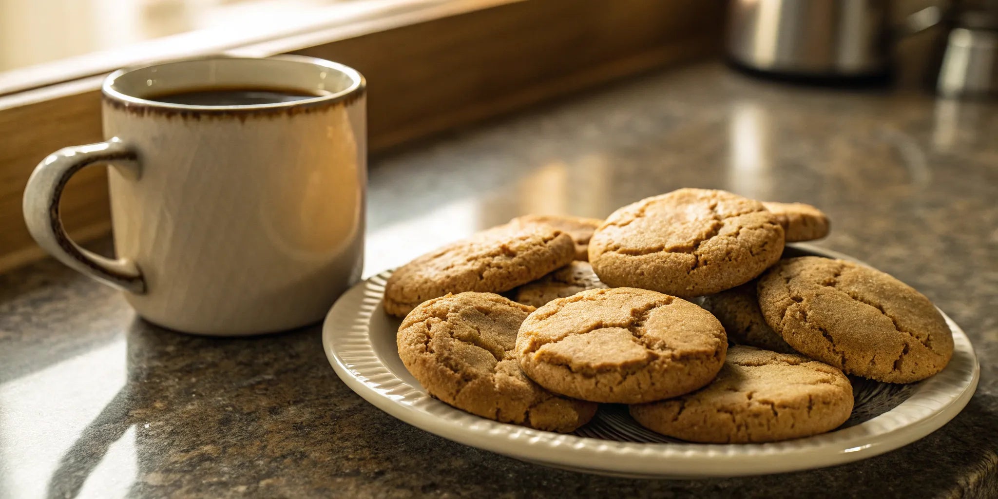 Chewy coffee cookies on a plate beside a coffee mug.