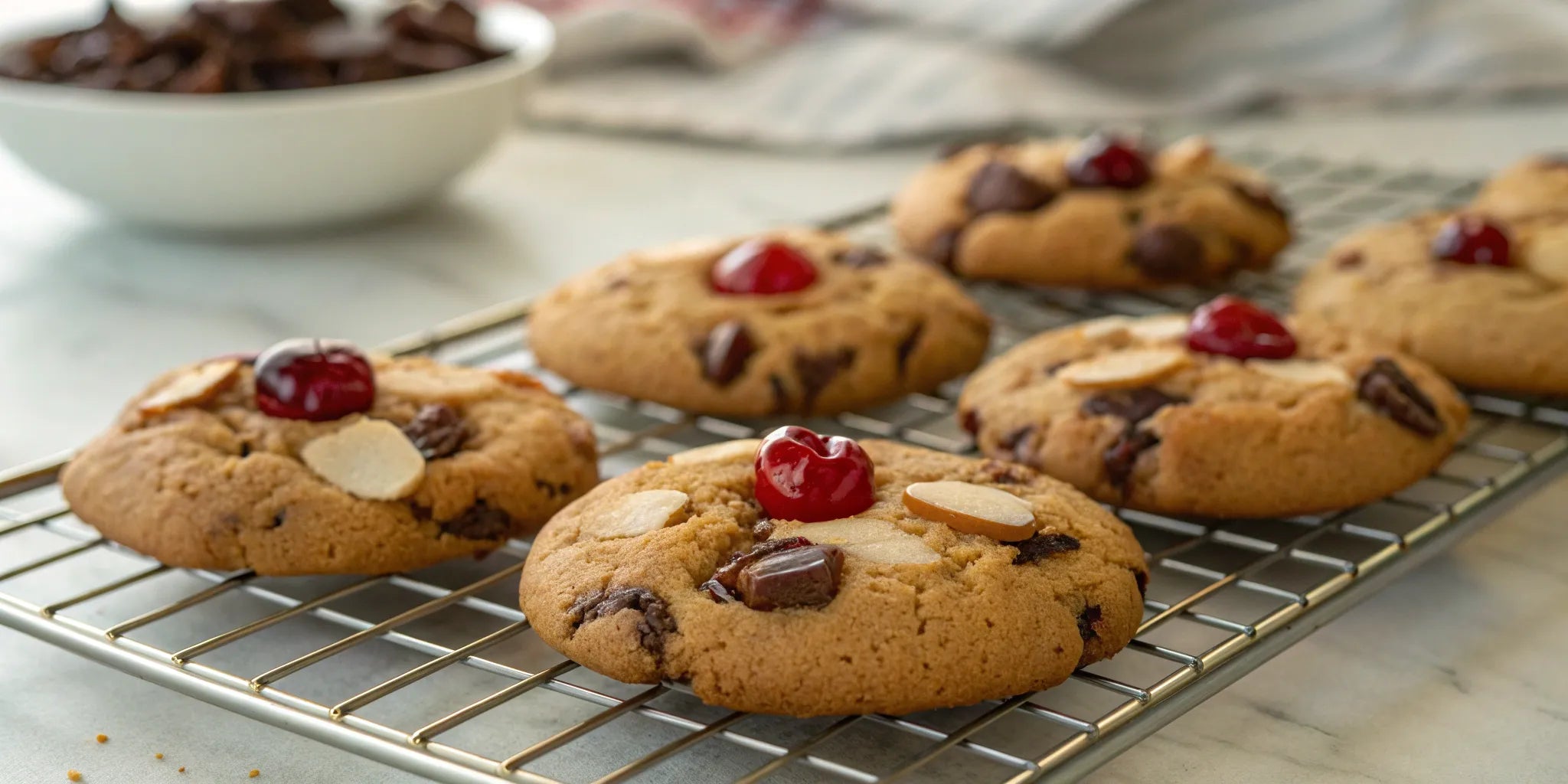 Soft and chewy chocolate cherry almond cookies on a cooling rack.