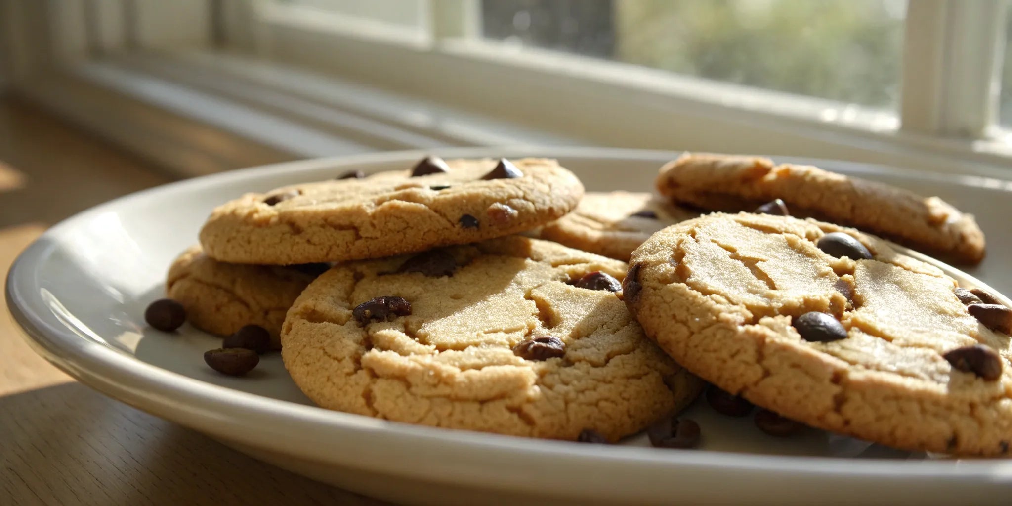 Soft and chewy instant coffee cookies with chocolate chips on a white plate.
