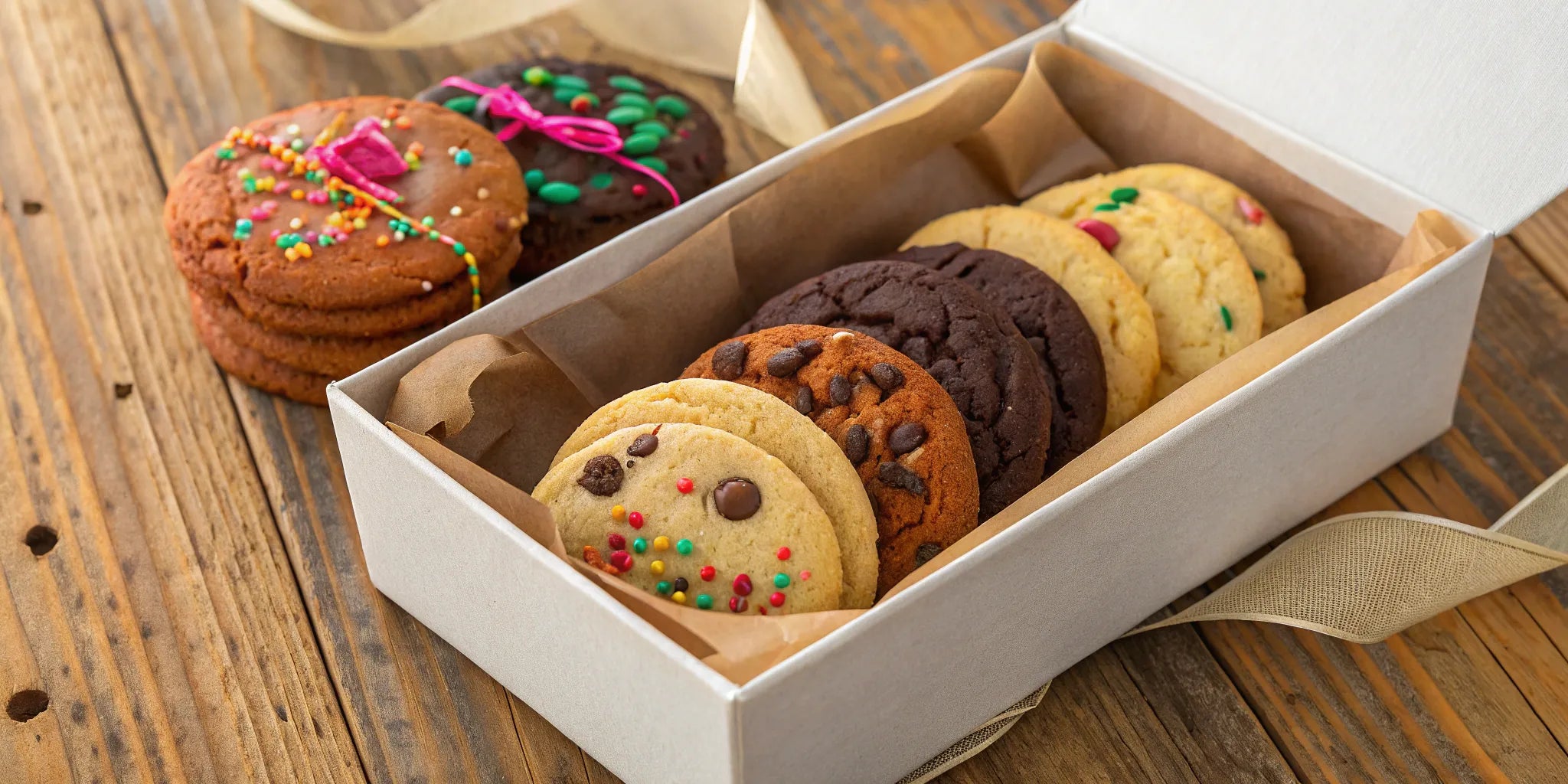 A beautiful assortment of cookies ready to send in a gift box.