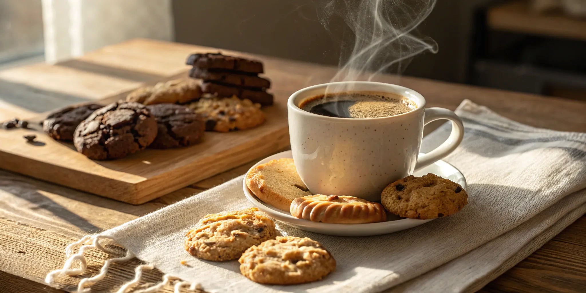 A cup of coffee surrounded by a variety of the best cookies for dipping.