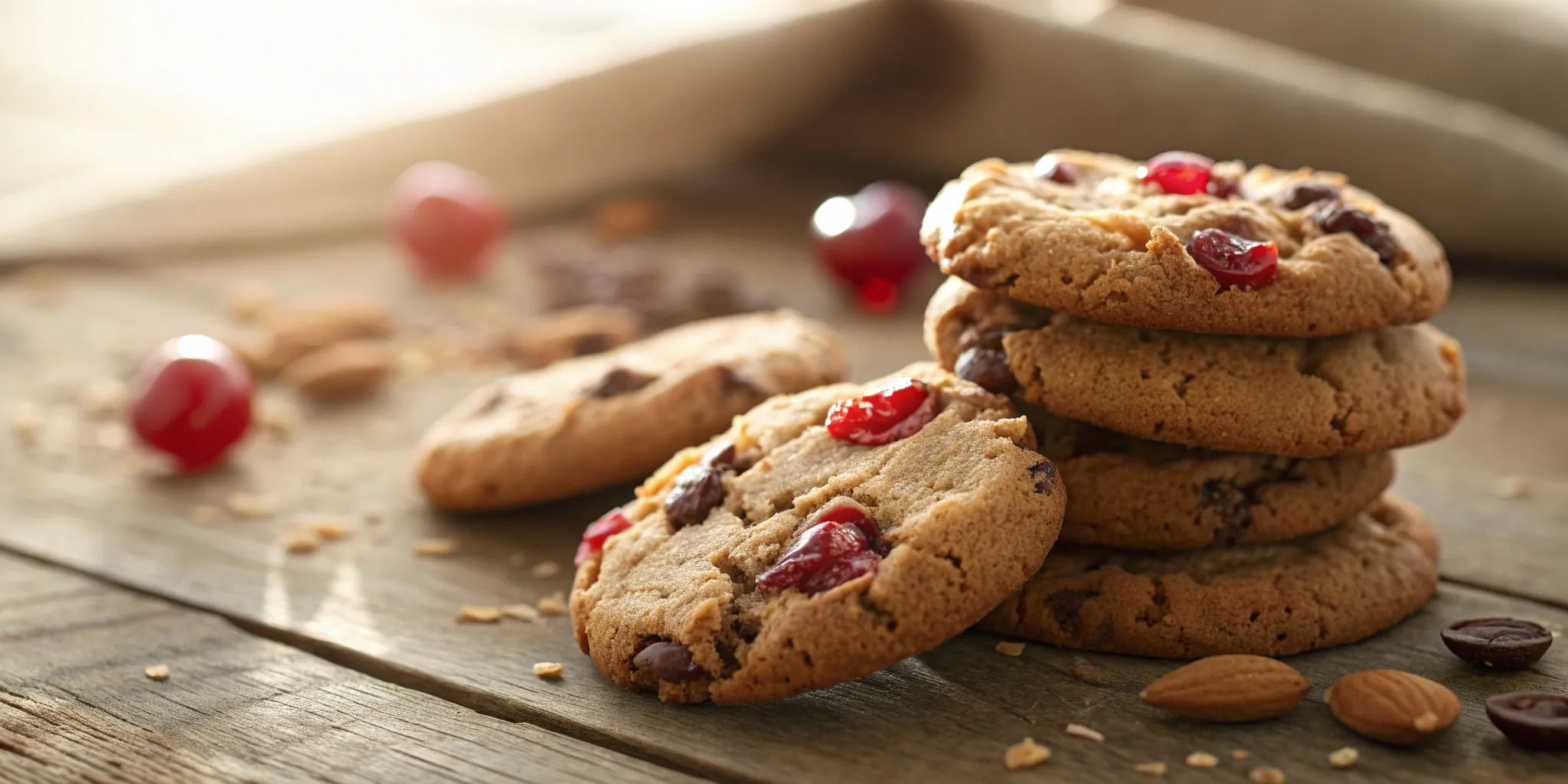Chewy cherry almond chocolate chip cookies stacked on a rustic wooden surface.