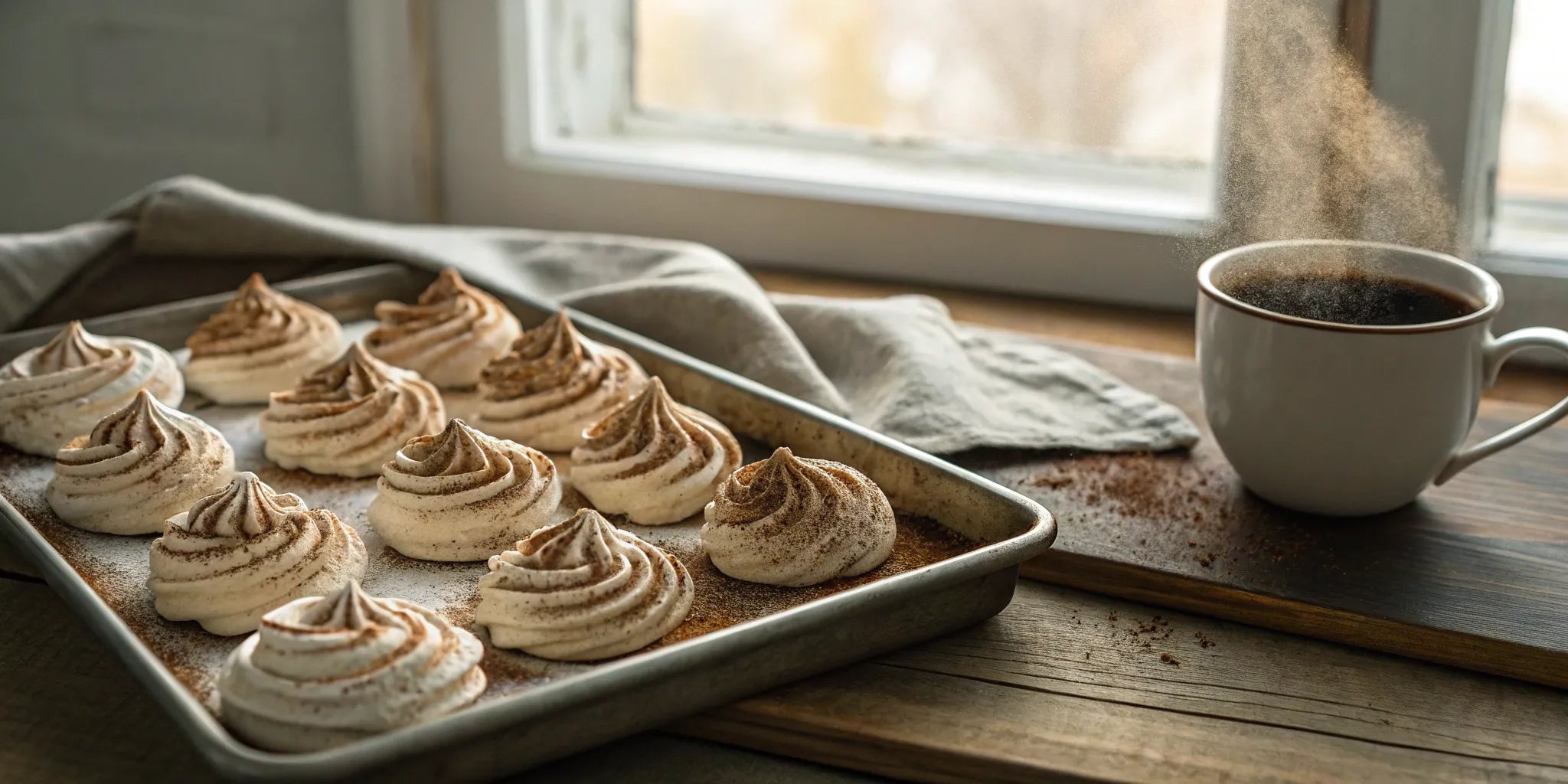 Coffee flavored meringue cookies on a baking tray next to a cup of coffee.