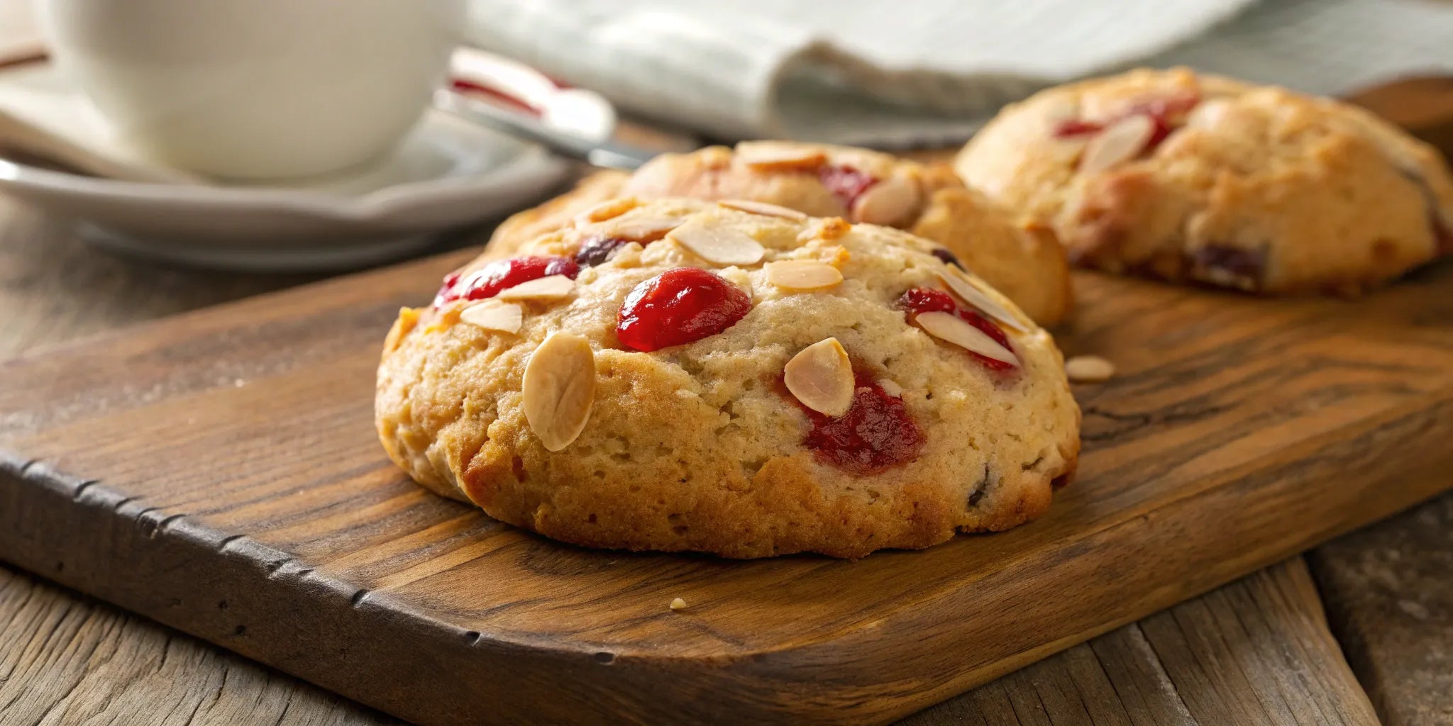 Chewy Italian almond cherry cookies topped with almonds on a wooden board.