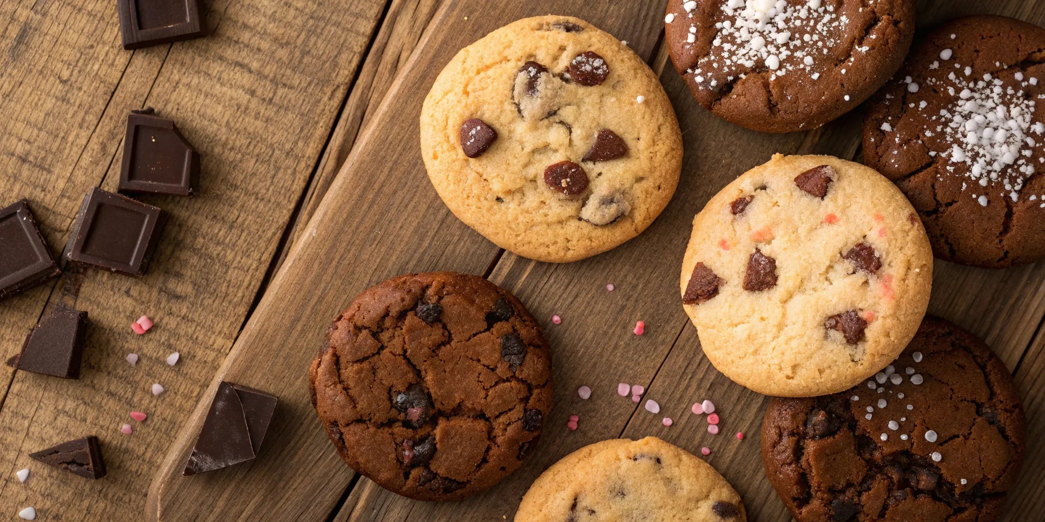 A wooden board holding an assortment of the world's top 10 best cookies.
