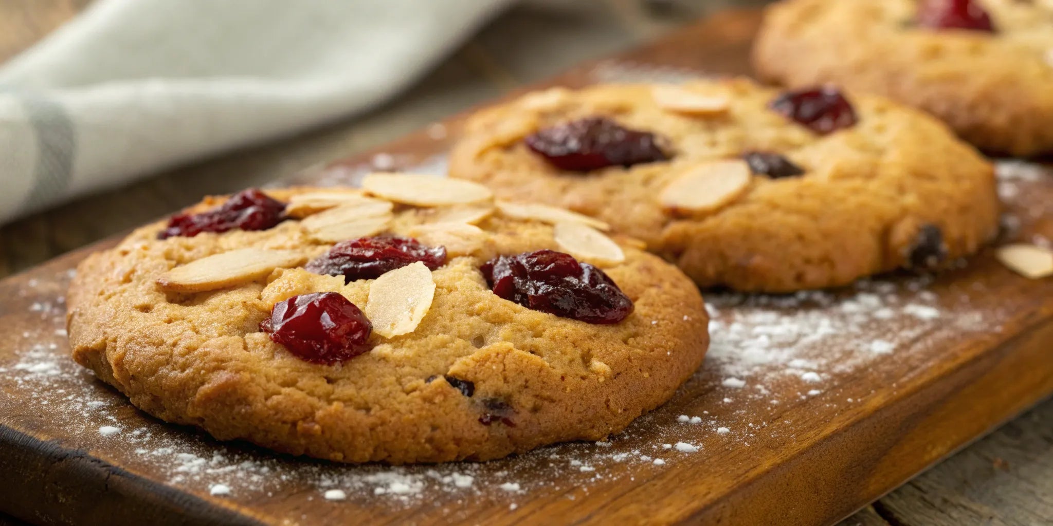 The best dried cherry almond cookies with sliced almonds on a wooden serving board.