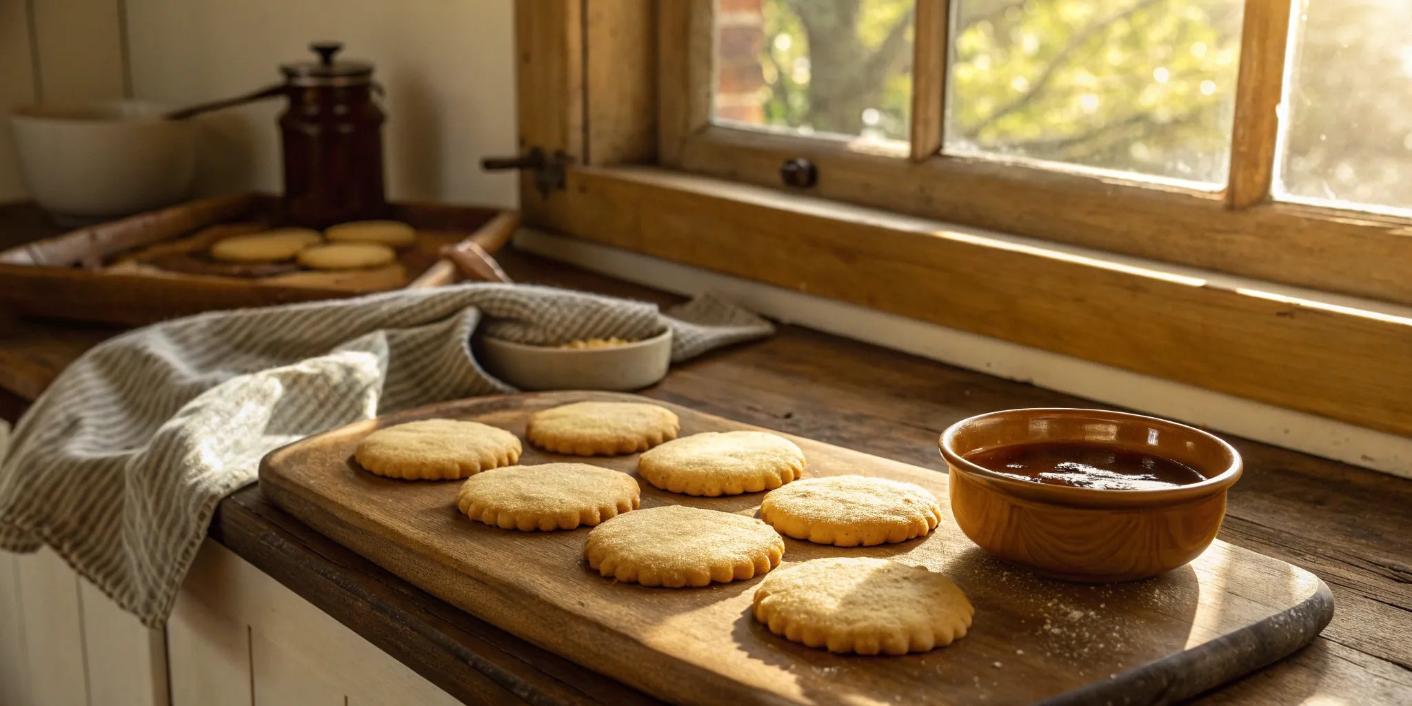 Freshly baked butter rum cookies on a wooden board with a bowl of rum glaze.