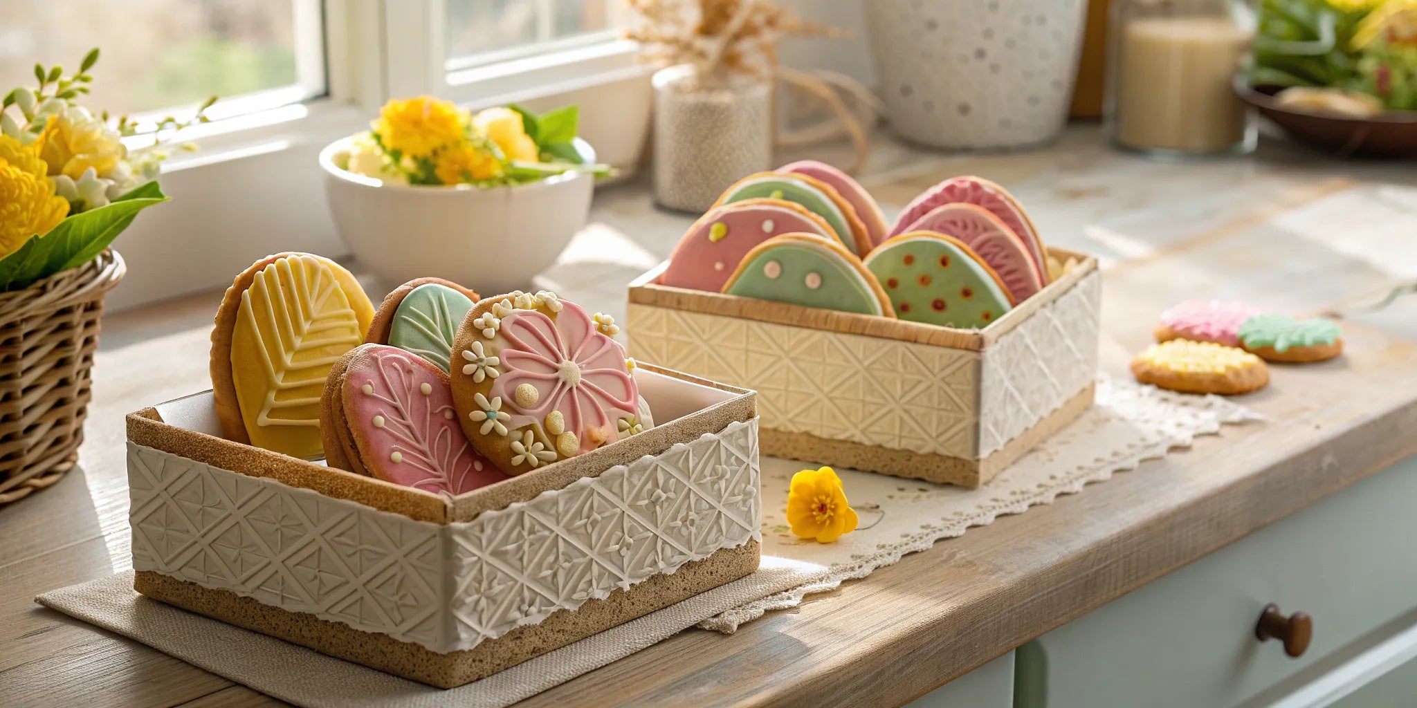 A variety of decorative cookie boxes filled with assorted pastel cookies.