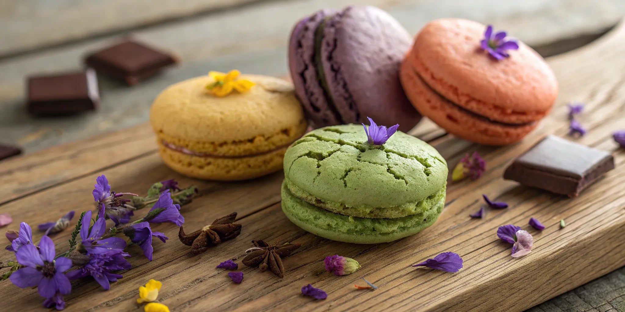 A collection of exotic cookies with unique floral and spice flavors on a wooden board.